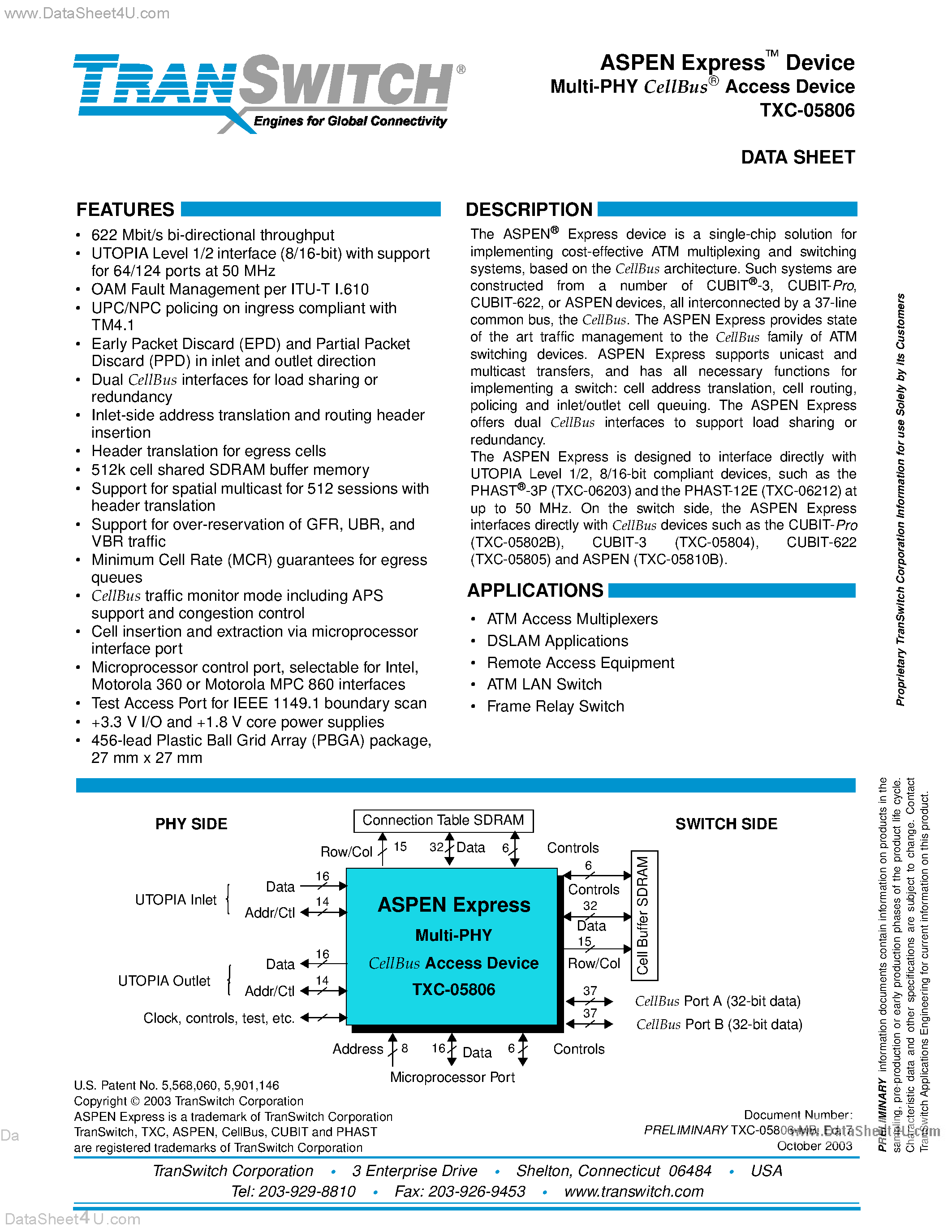 Datasheet TXC-05806 page 1 Datasheet TXC-05806 - ATM DATA-LINK SWITCHING/ROUTING page 1