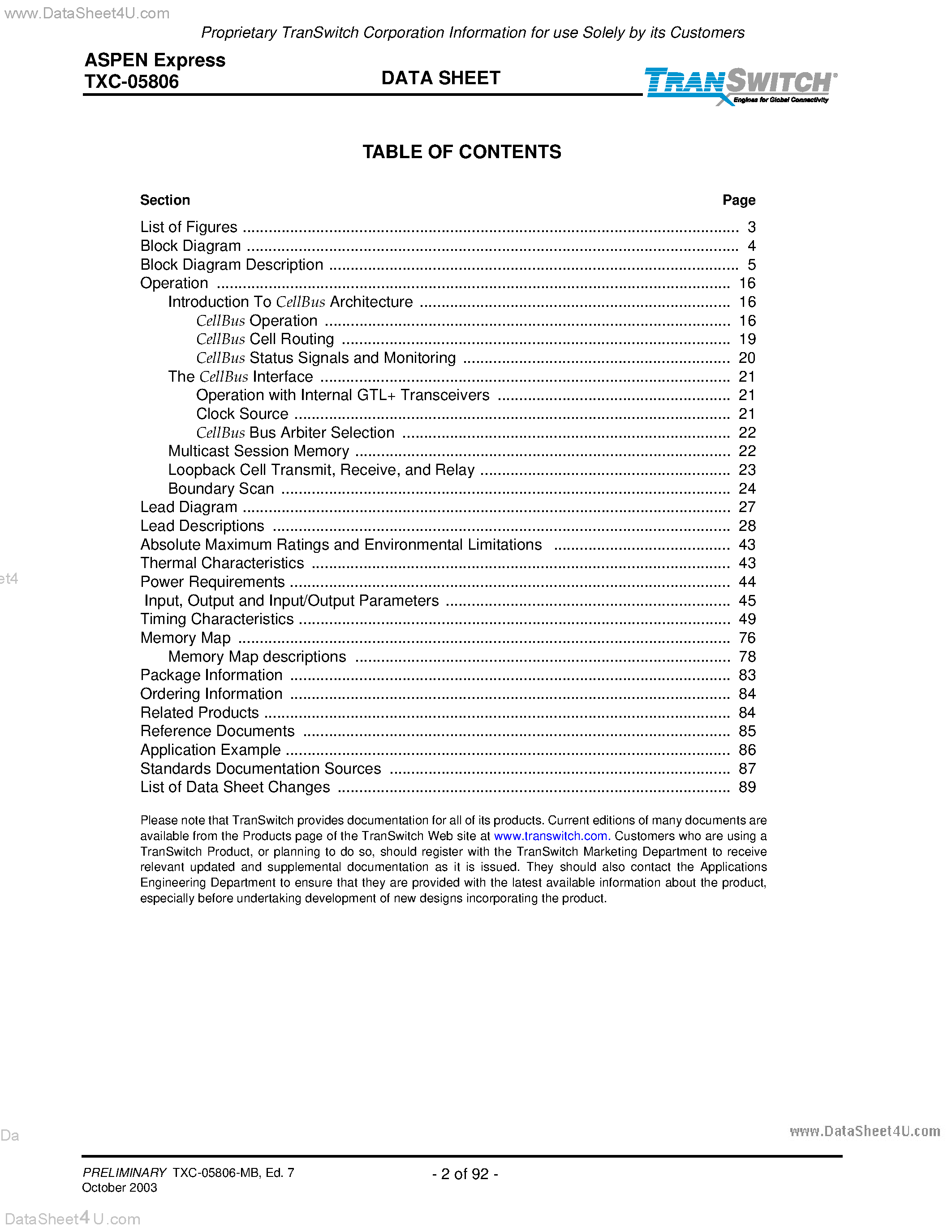 Datasheet TXC-05806 page 2 Datasheet TXC-05806 - ATM DATA-LINK SWITCHING/ROUTING page 2
