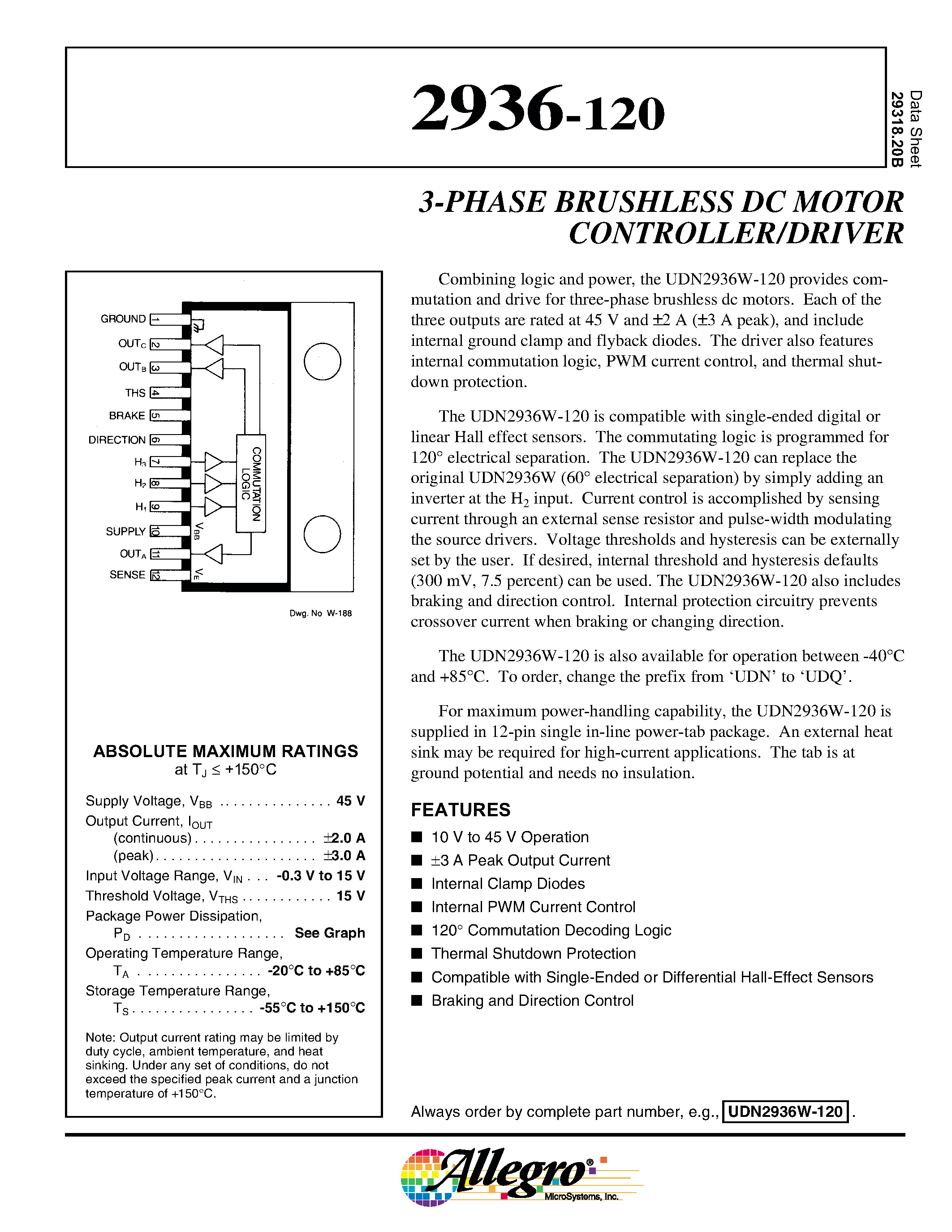 Datasheet UDN2936-120 page 1 Datasheet UDN2936-120 - 3-PHASE BRUSHLESS DC MOTOR CONTROLLER/DRIVER page 1