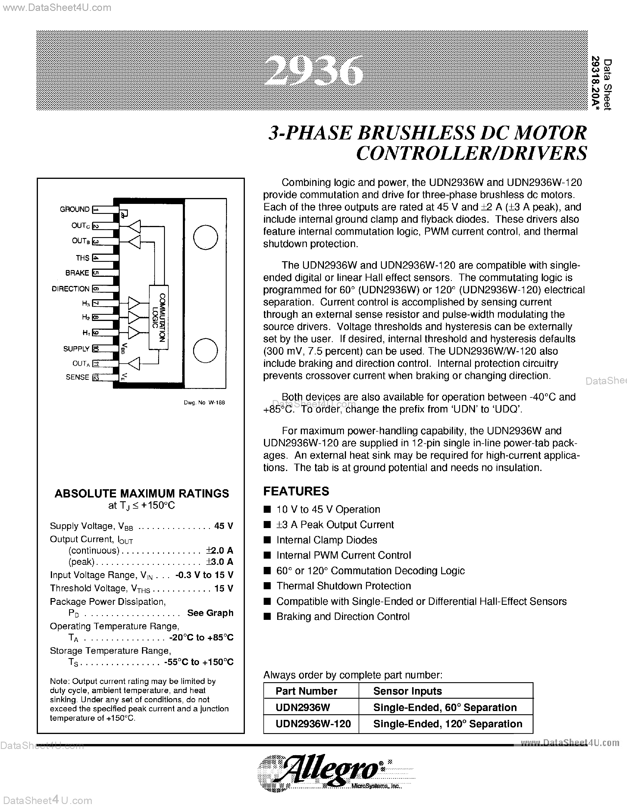 Datasheet UDN2936 page 1 Datasheet UDN2936 - 3-PHASE BRUSHLESS DC MOTOR CONTROLLER/DRIVER page 1
