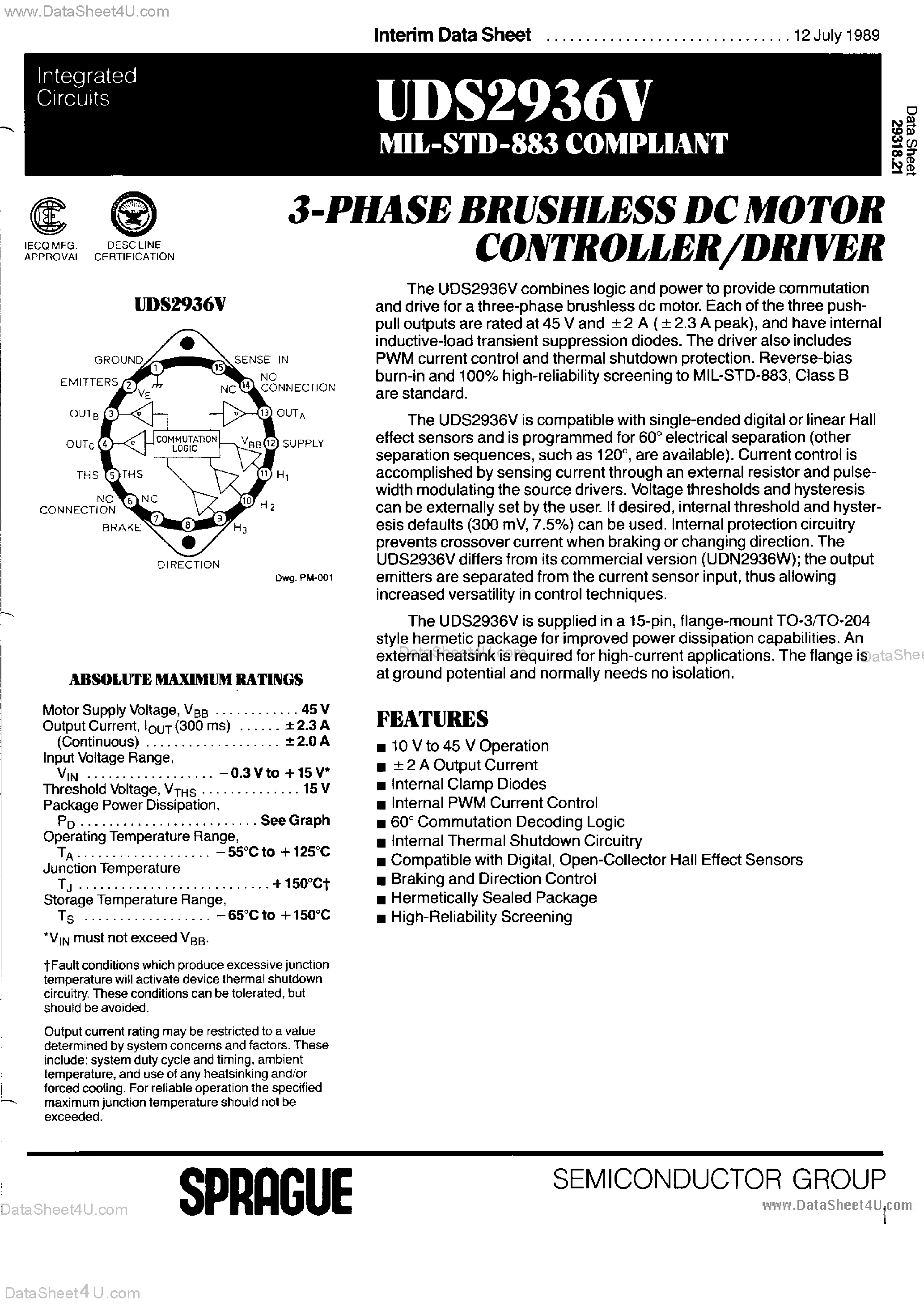 Datasheet UDN2936V - 3-PHASE BRUSHLESS DC MOTOR CONTROLLER/DRIVER page 1