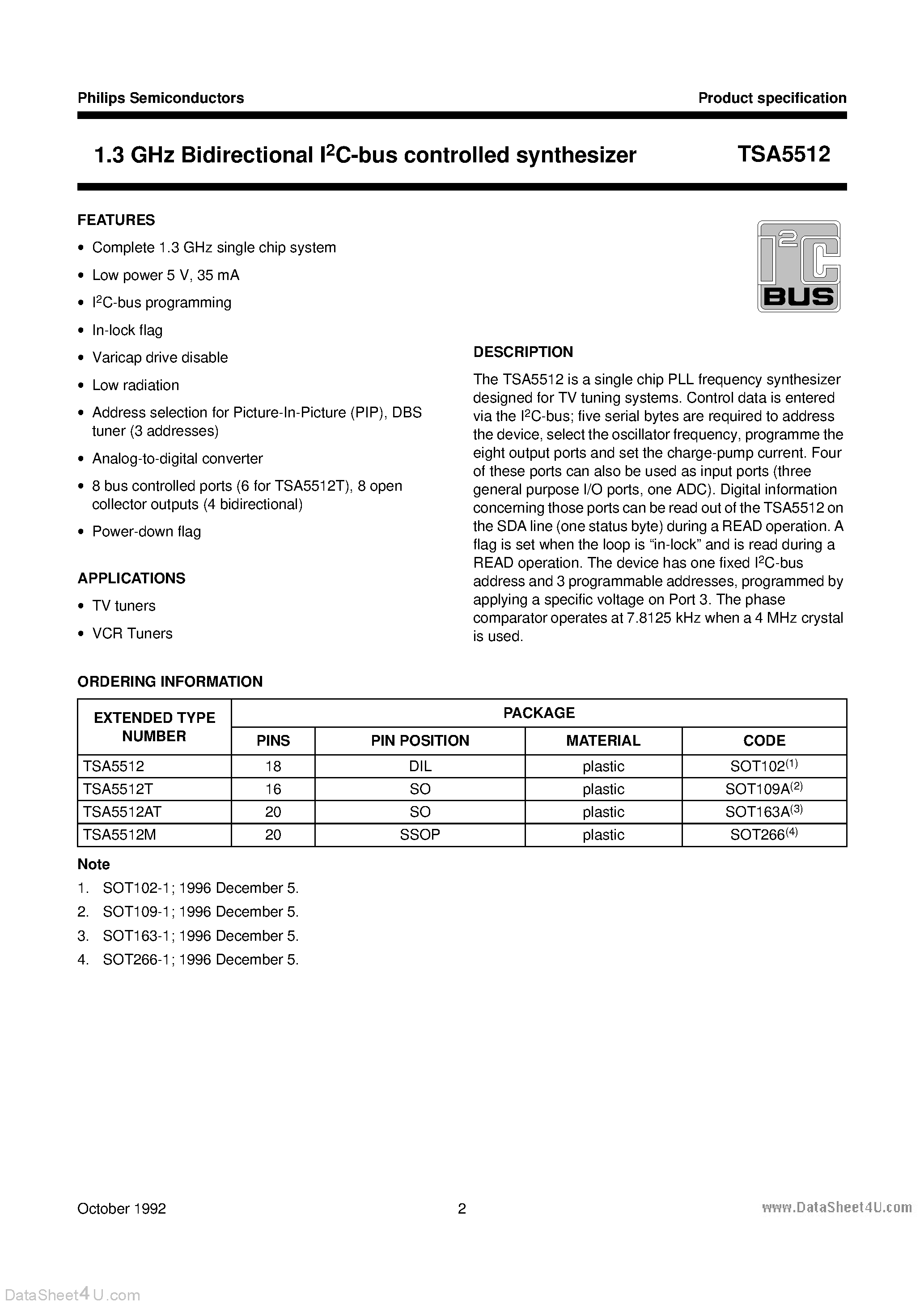 Datasheet TSA5512 - 1.3 GHz Bidirectional I2C-bus controlled synthesizer page 2