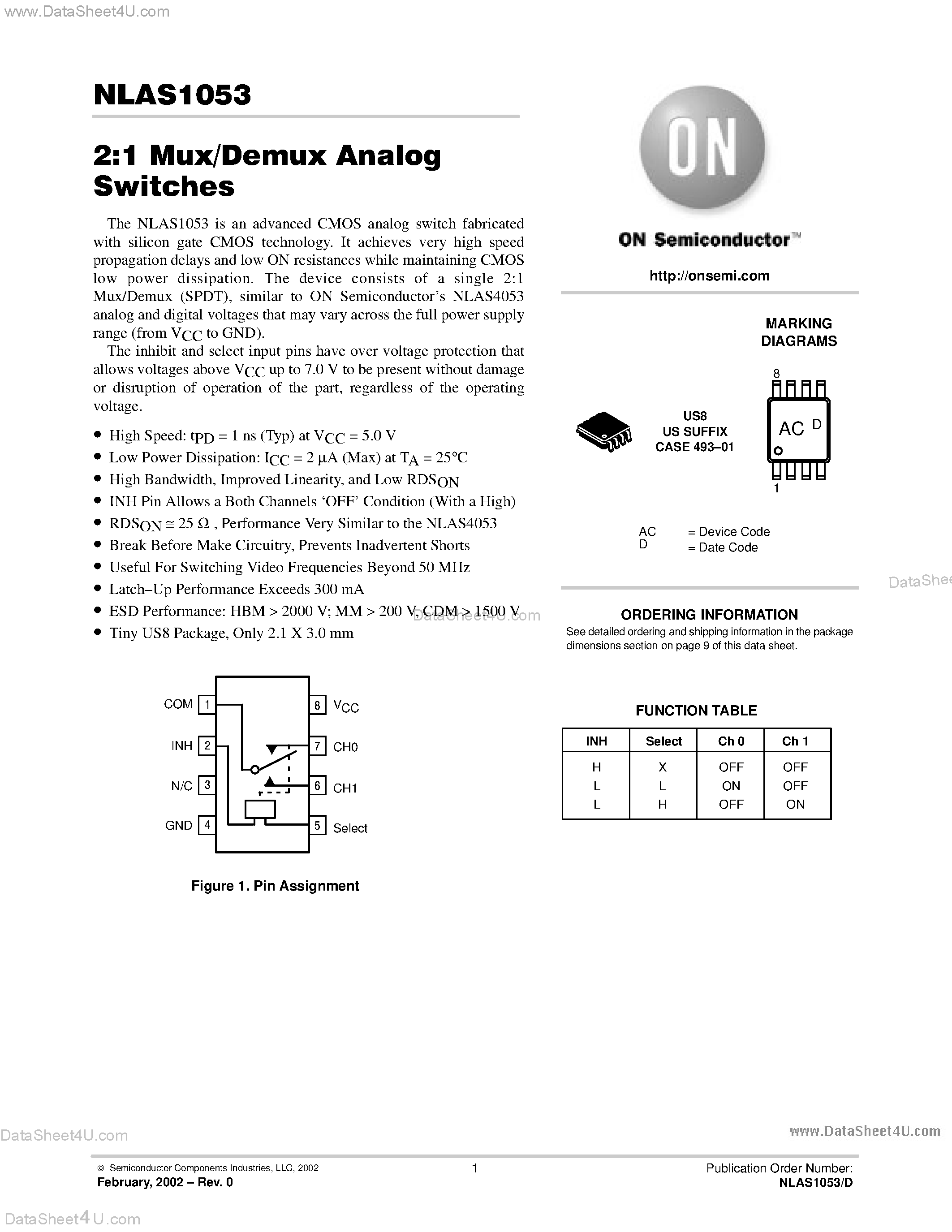 Datasheet NLAS1053 - 2:1 Mux/Demux Analog Switches page 1