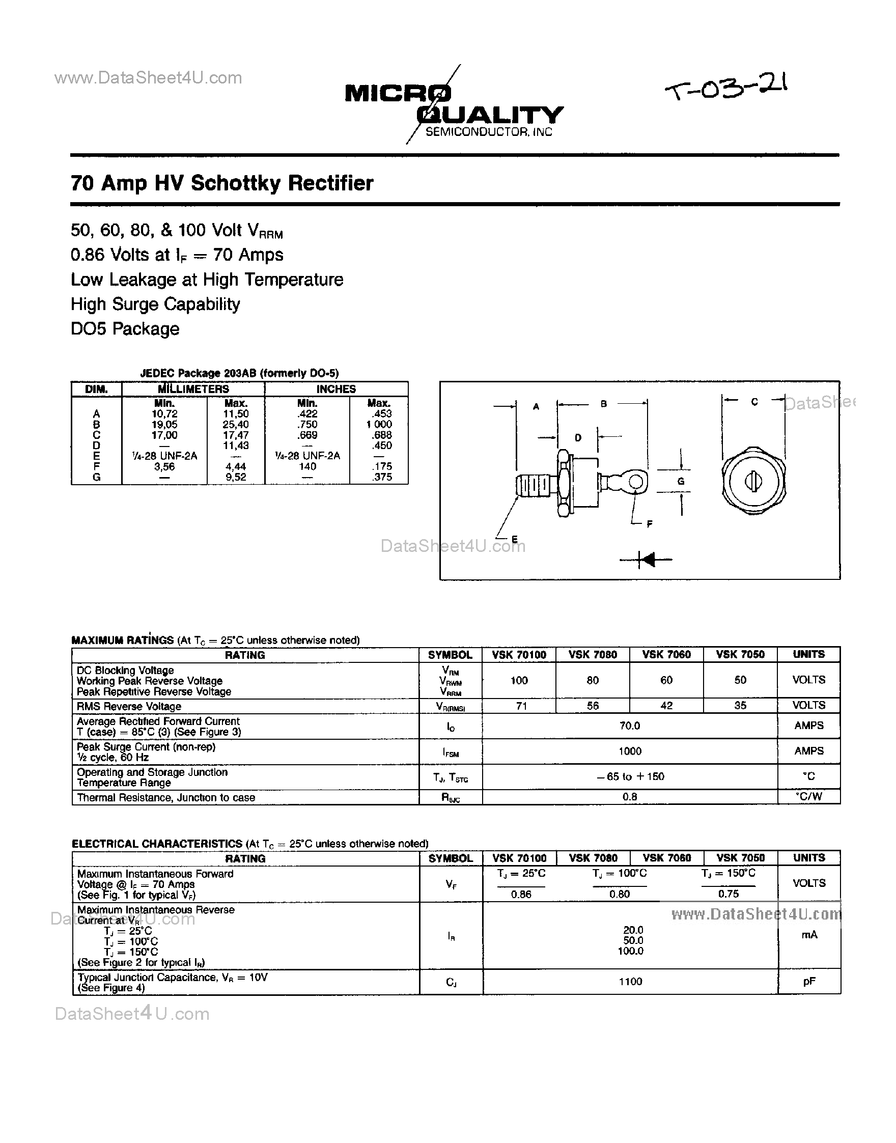 Datasheet VSK70100 page 1 Datasheet VSK70100 - (VSK70100 - VSK7050) 70 Amp HV Schottky Rectifier page 1