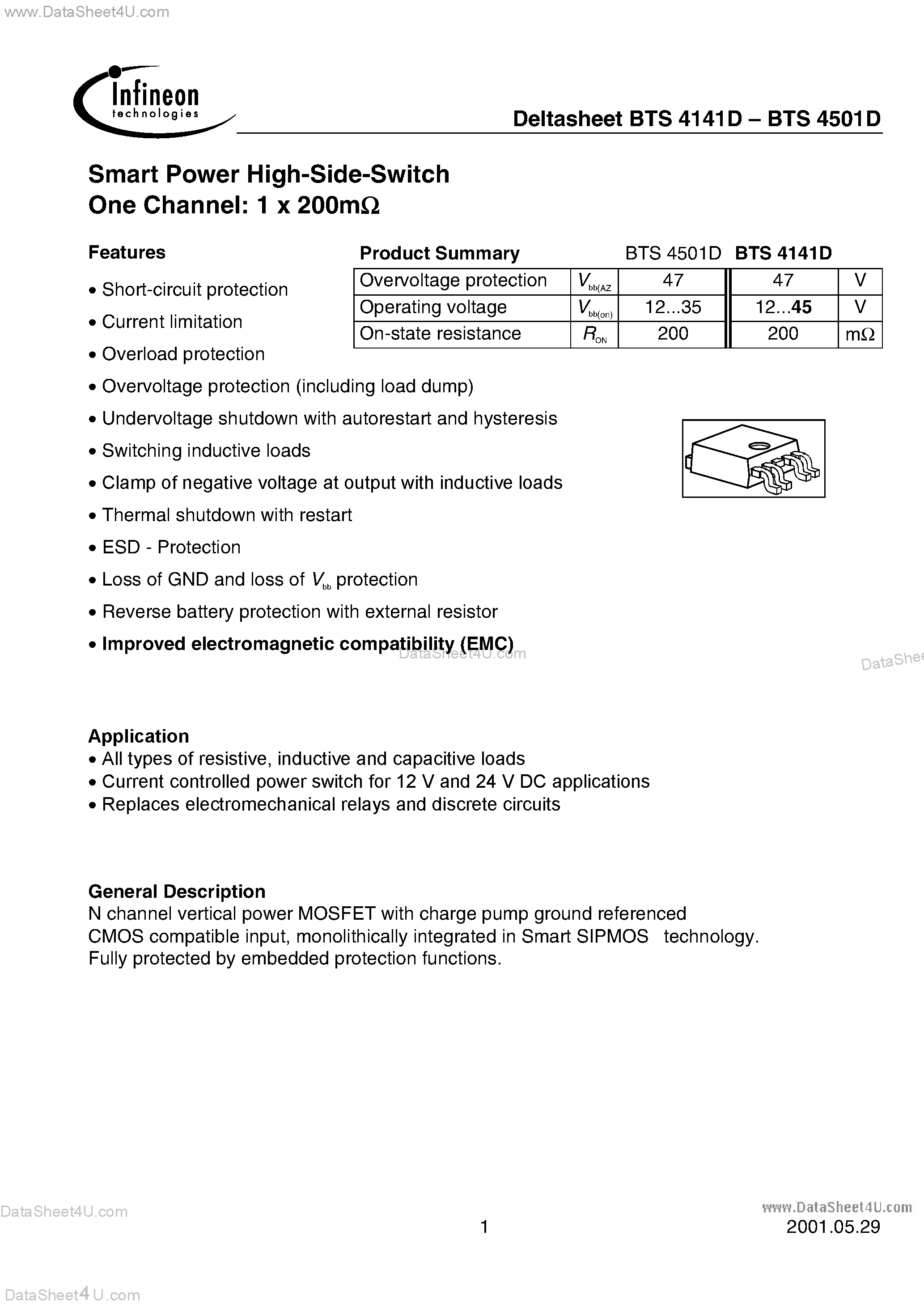 Даташит на микросхему BTS4141D страница 1 Даташит BTS4141D - (BTS4141D / BTS4501D) Smart Power High Side Switch One Channel страница 1
