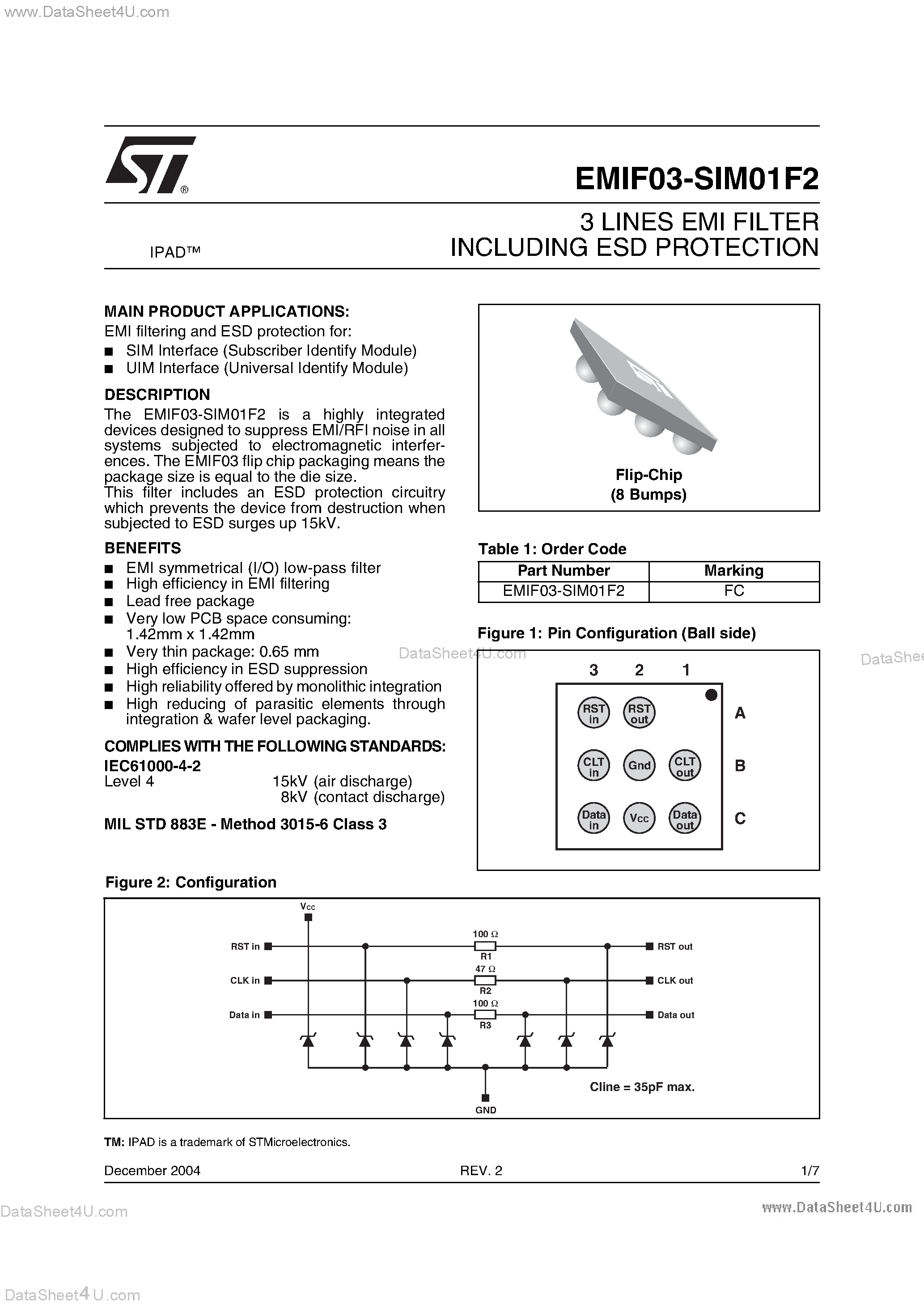 Даташит EMIF03-SIM01F2 - 3 LINES EMI FILTER INCLUDING ESD PROTECTION страница 1