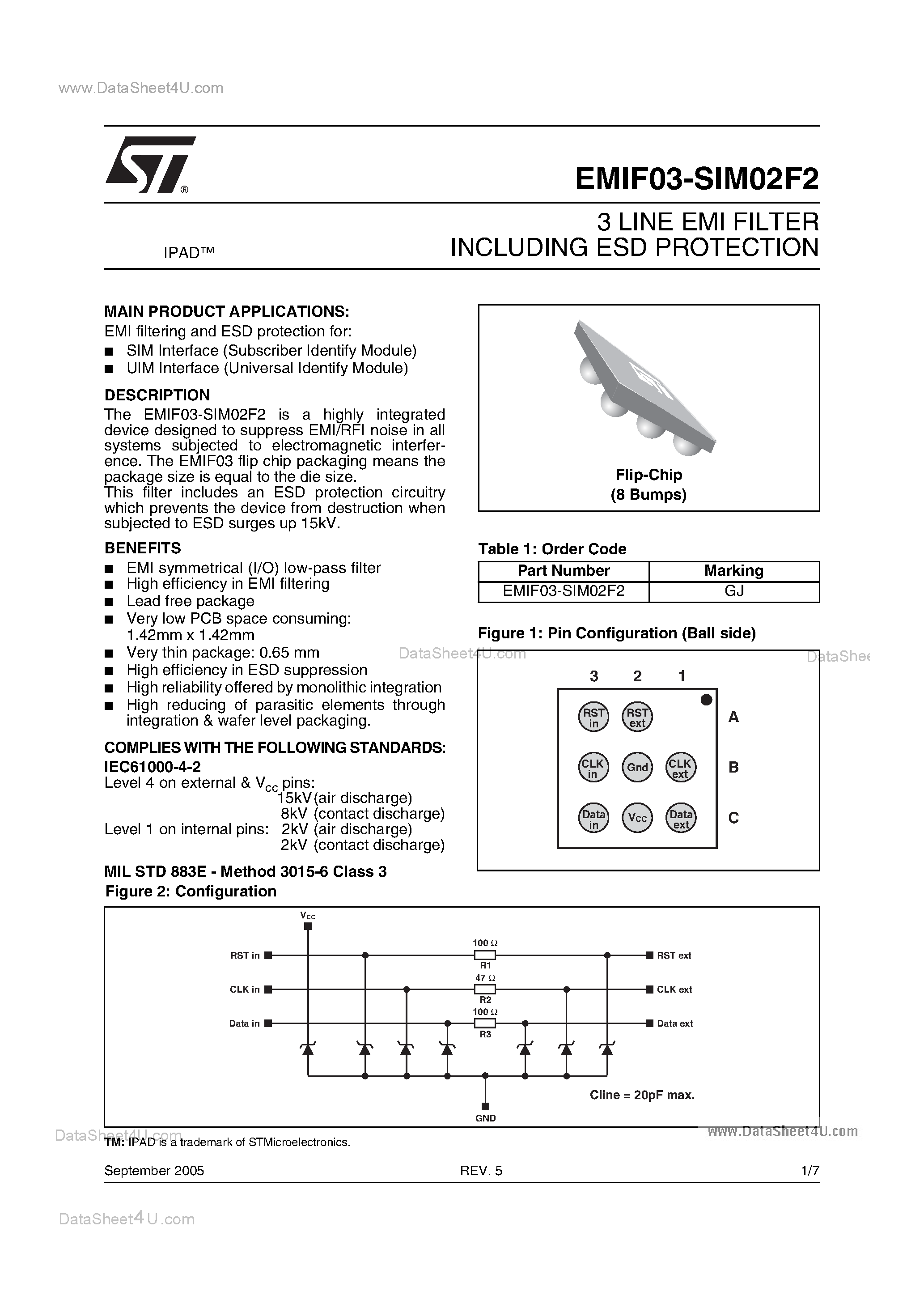 Даташит EMIF03-SIM02F2 - 3 LINE EMI FILTER INCLUDING ESD PROTECTION страница 1