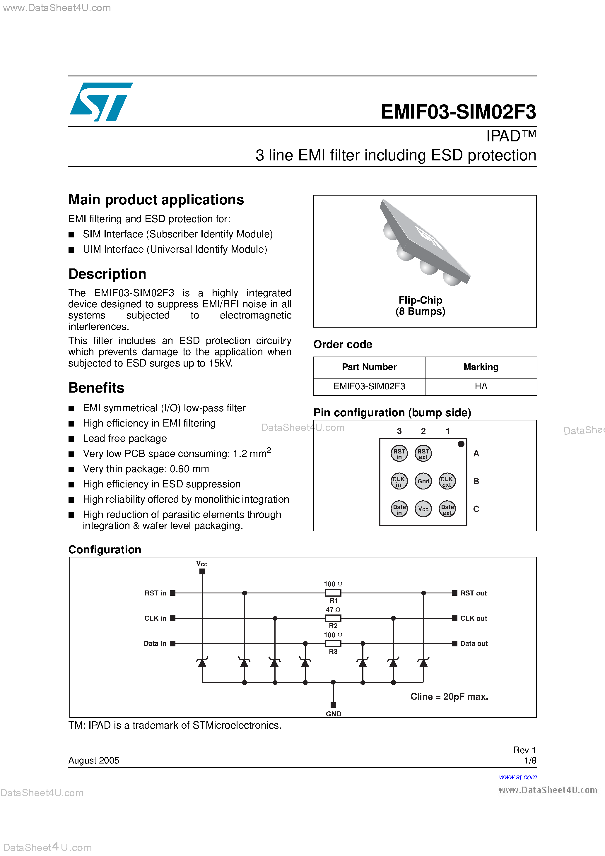 Даташит на микросхему EMIF03-SIM02F3 страница 1 Даташит EMIF03-SIM02F3 - 3 LINE EMI FILTER INCLUDING ESD PROTECTION страница 1