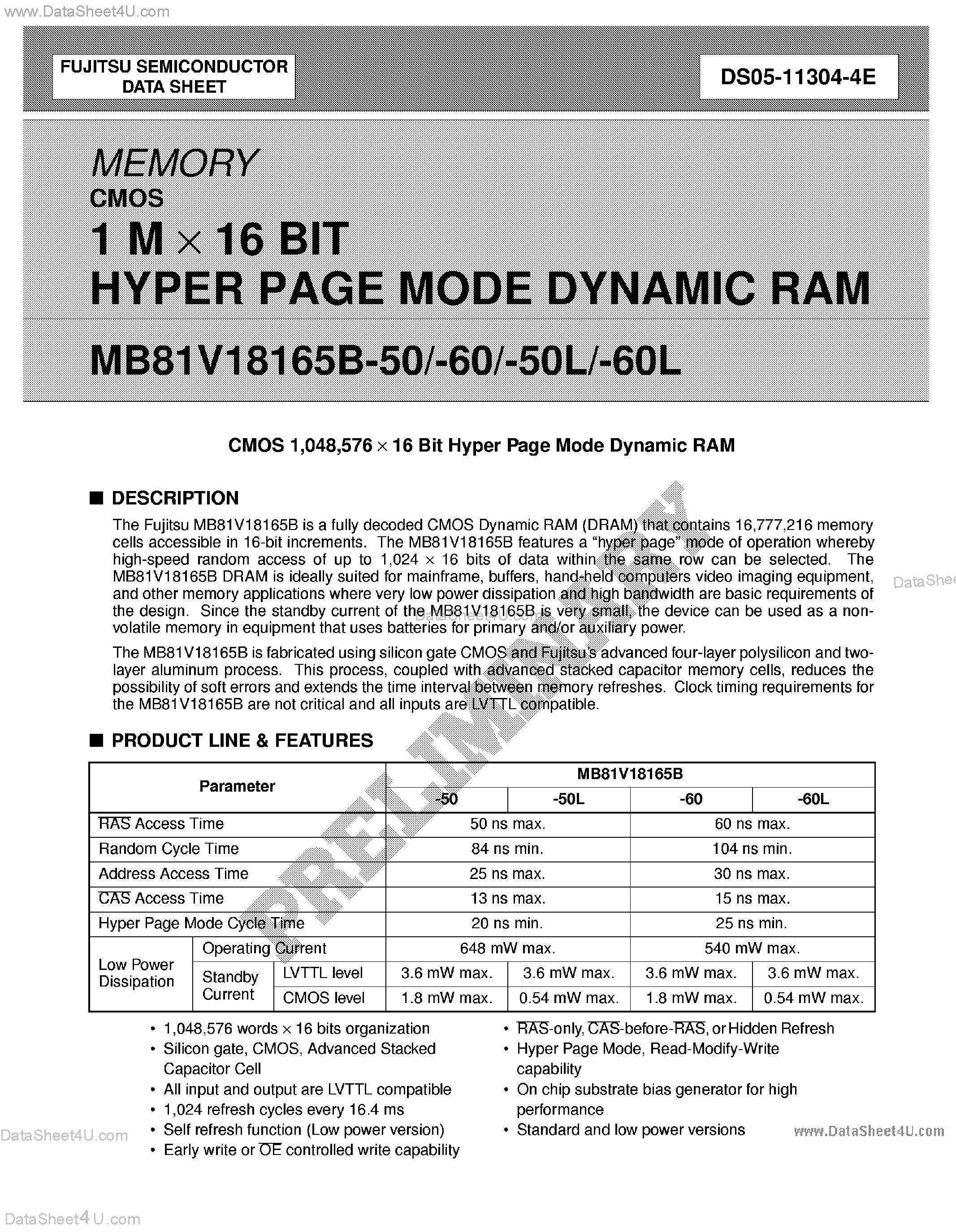 Datasheet MB81V18165B - 1M x 16-Bit Hyper Page Mode DRAM page 1