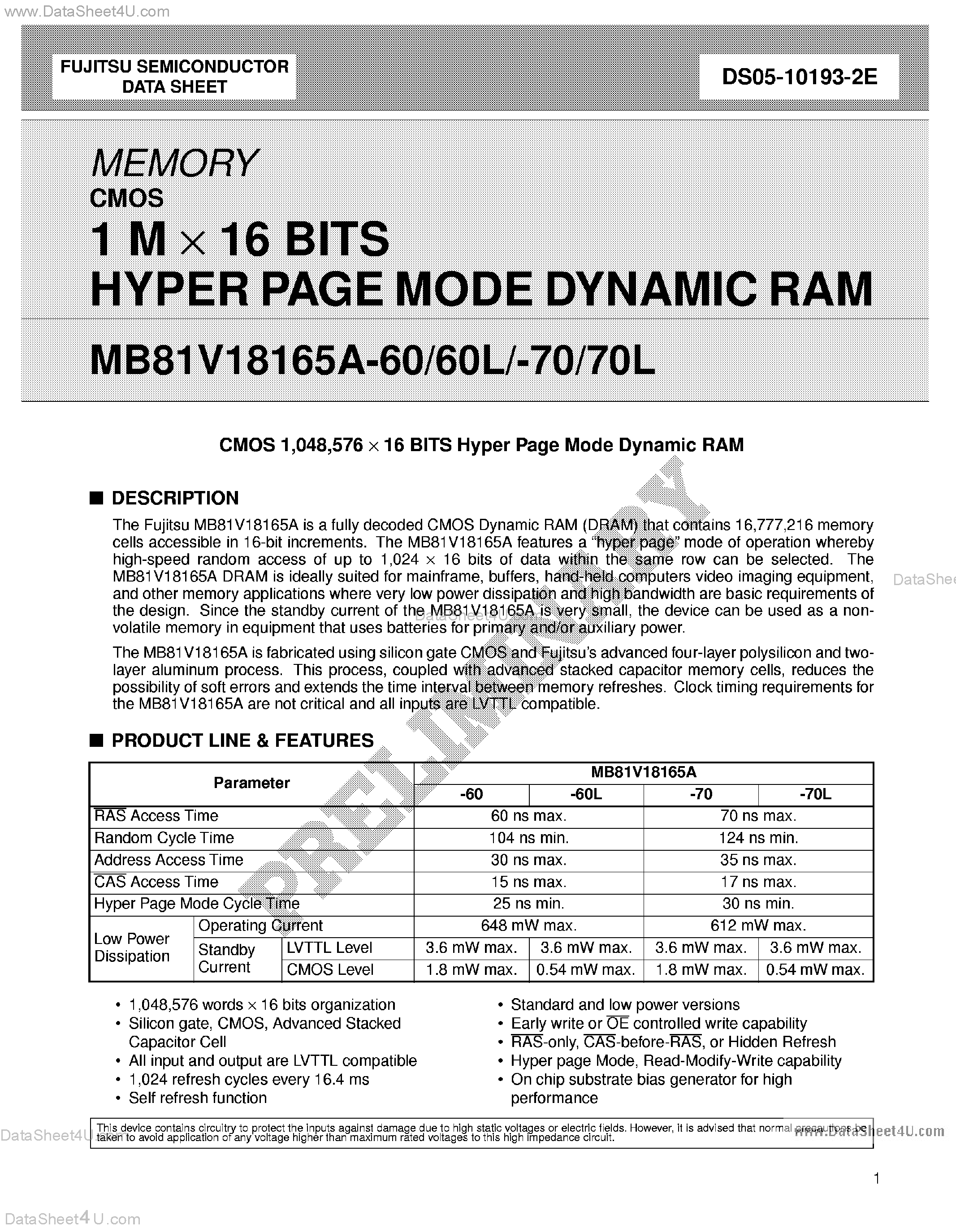Datasheet MB81V18165A page 1 Datasheet MB81V18165A - 1M x 16-Bit Hyper Page Mode DRAM page 1