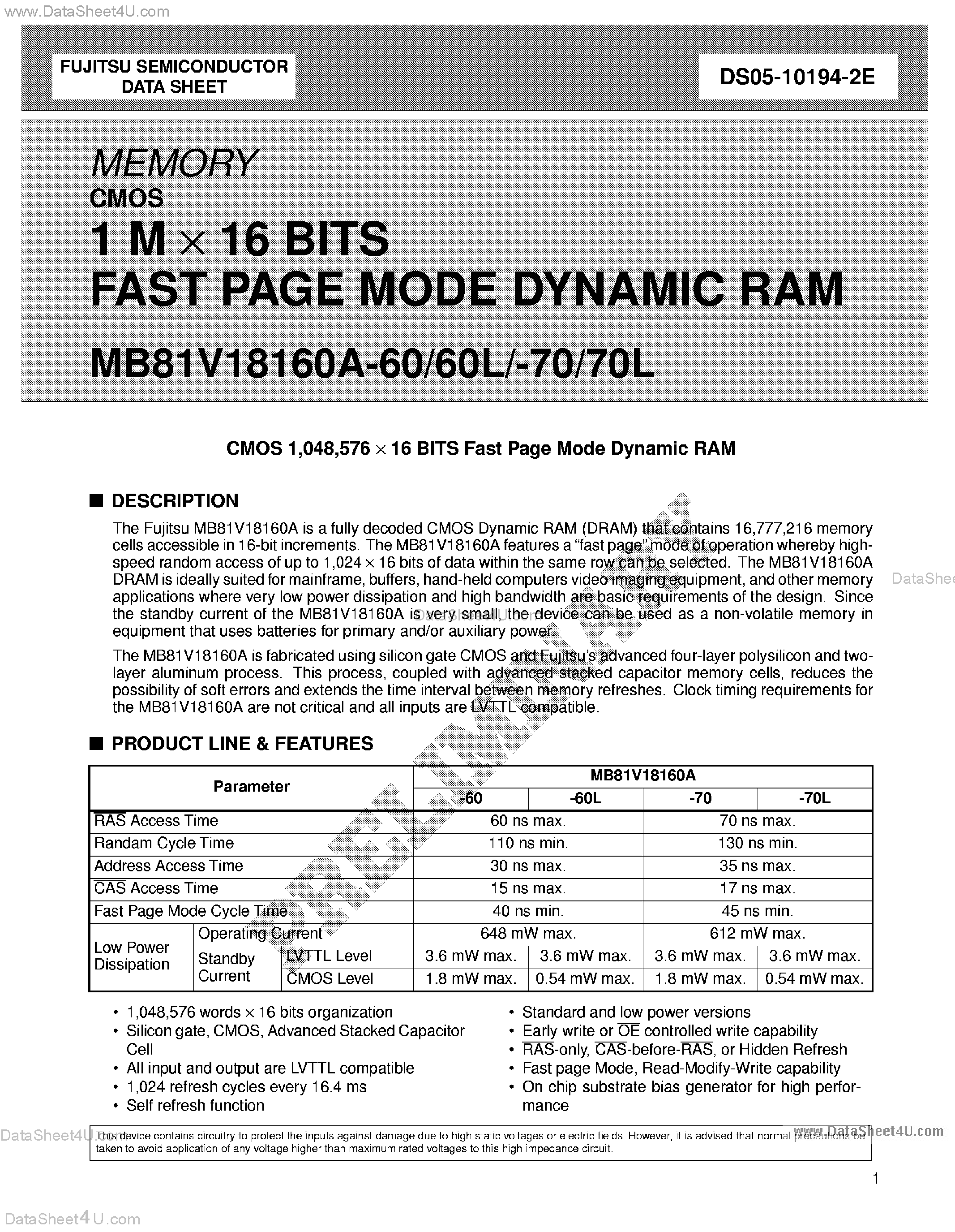 Datasheet MB81V18160A page 1 Datasheet MB81V18160A - 1M x 16-Bit Fast Page Mode DRAM page 1
