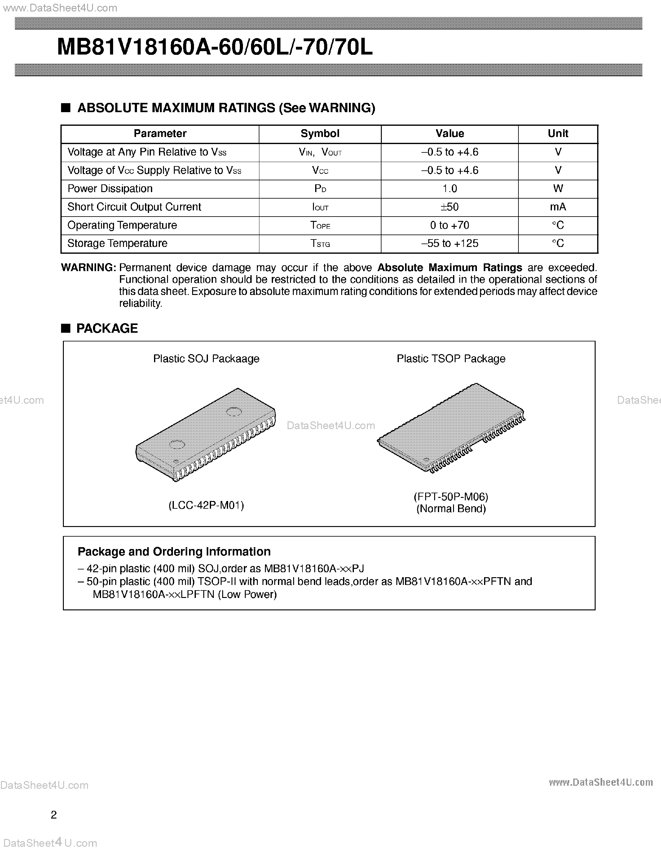 Datasheet MB81V18160A page 2 Datasheet MB81V18160A - 1M x 16-Bit Fast Page Mode DRAM page 2