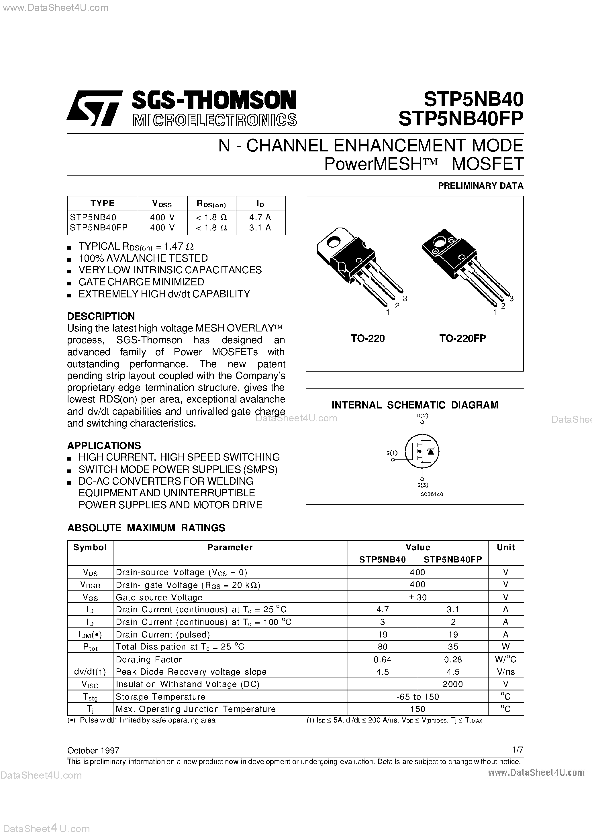 Datasheet STP5NB40 page 1 Datasheet STP5NB40 - N - CHANNEL ENHANCEMENT MODE PowerMESH MOSFET page 1