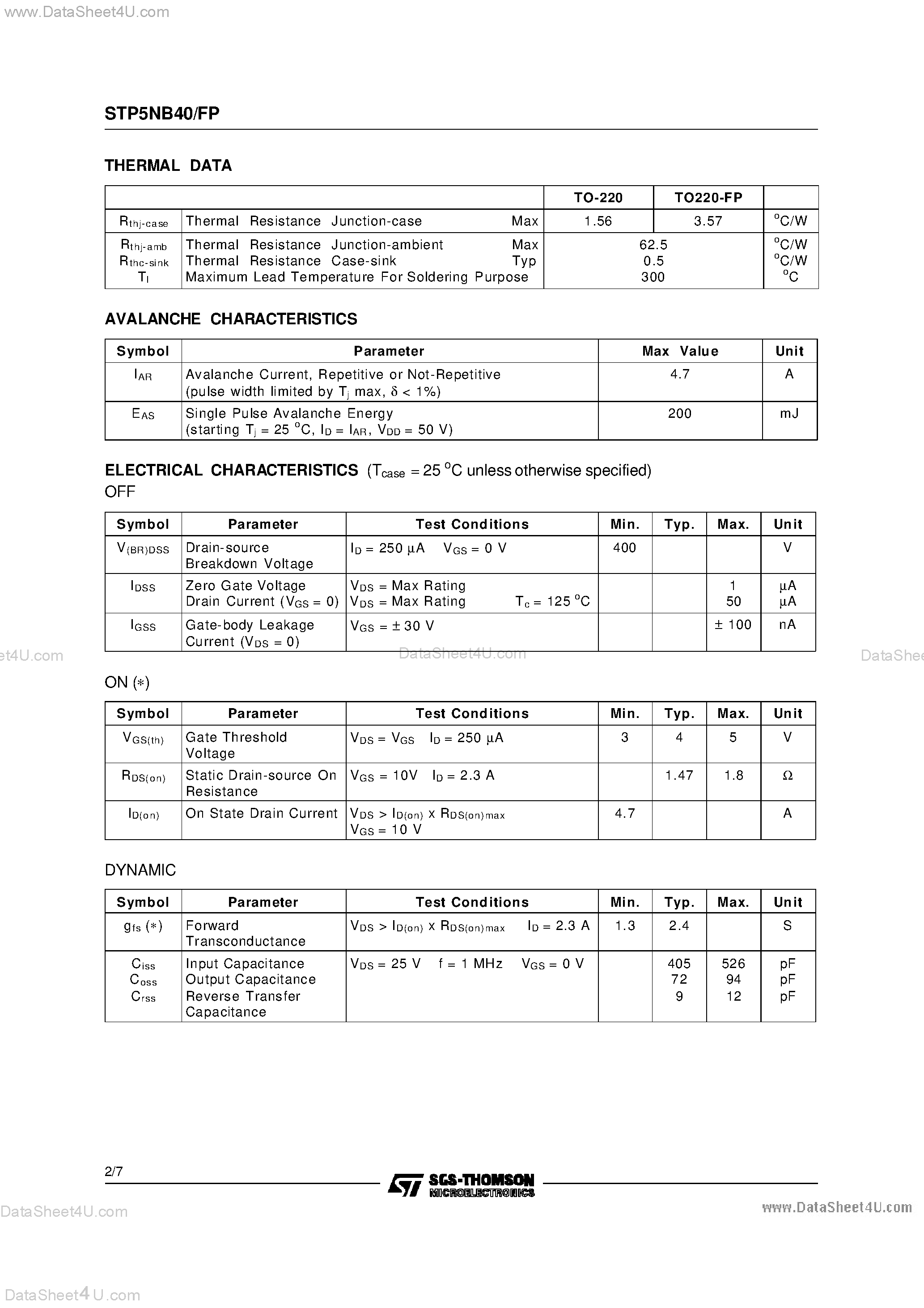 Datasheet STP5NB40 page 2 Datasheet STP5NB40 - N - CHANNEL ENHANCEMENT MODE PowerMESH MOSFET page 2