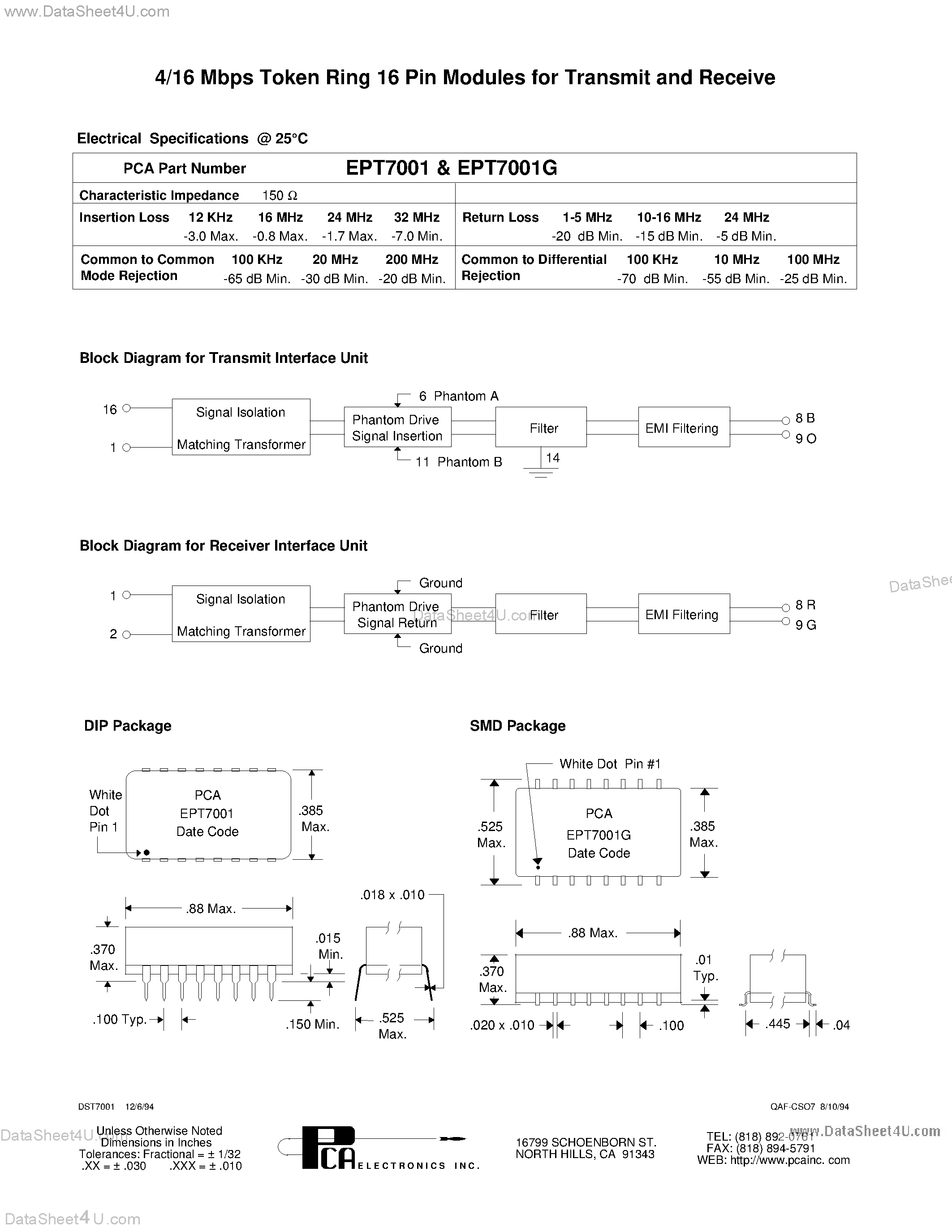 Даташит EPT7001 - 4/16 MBPS Token Ring 16 Pin Modules For Transmit And Receive страница 1