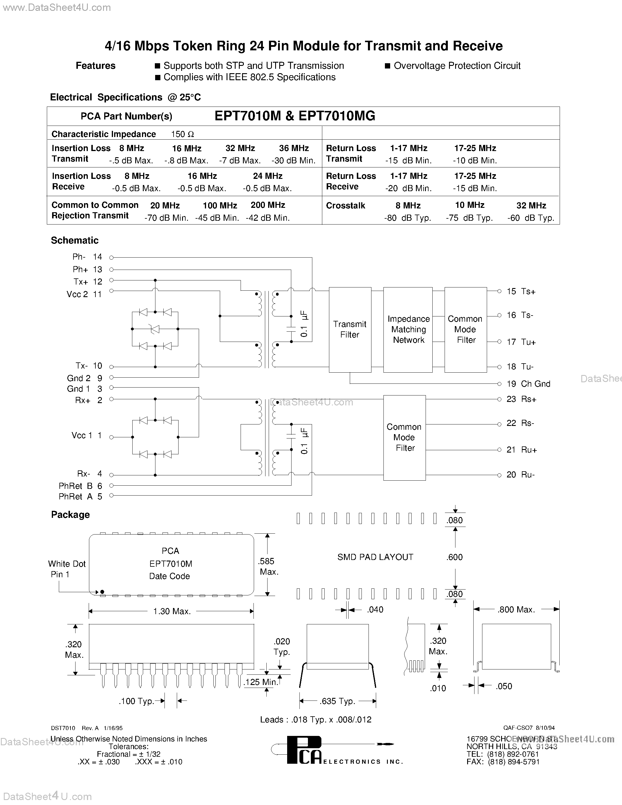 Datasheet EPT7010MG page 1 Datasheet EPT7010MG - 4/16 MBPS Token Ring 24 Pin Module For Transmit And Receive page 1