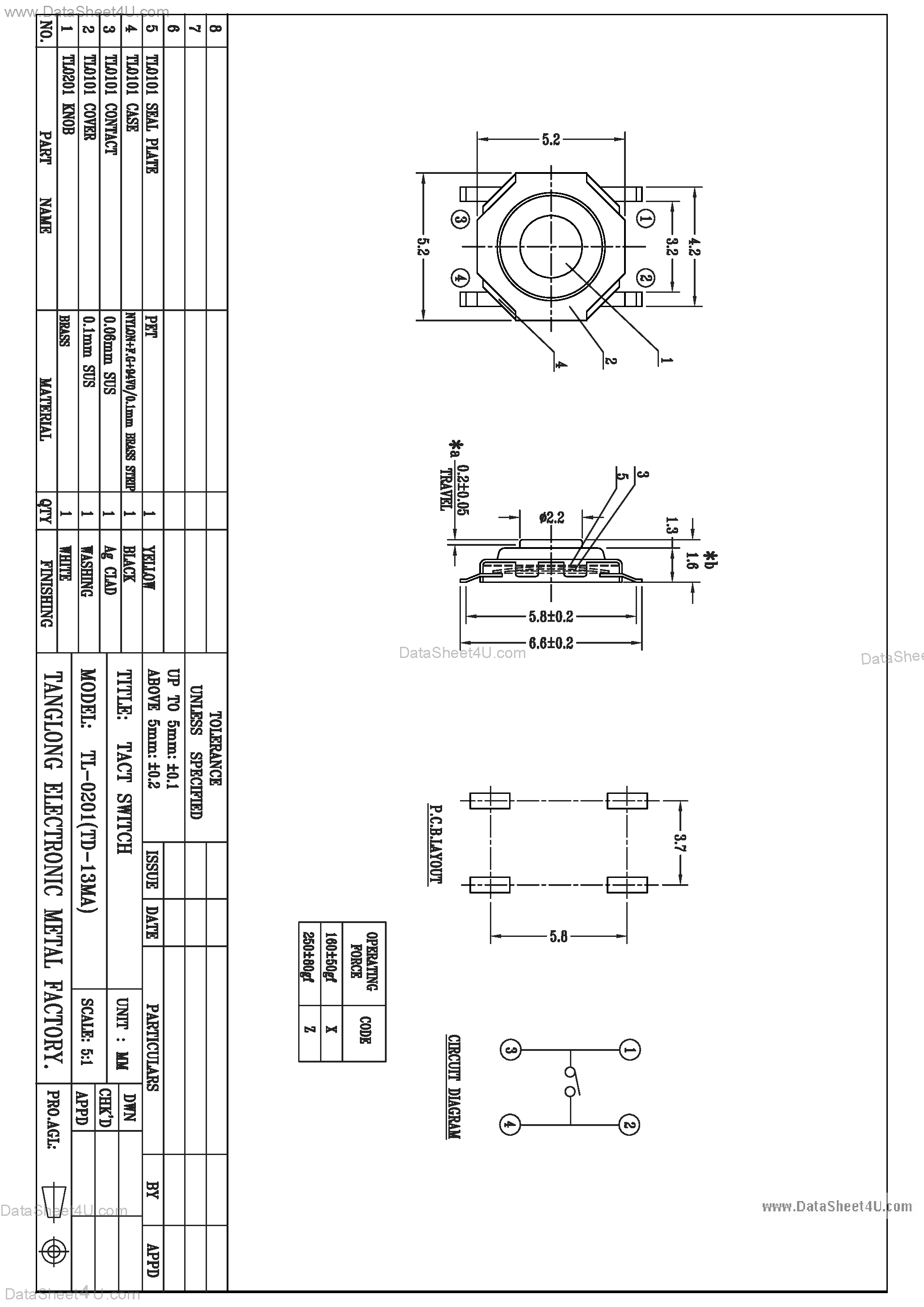 Datasheet TL0201 - Tact Switch page 1