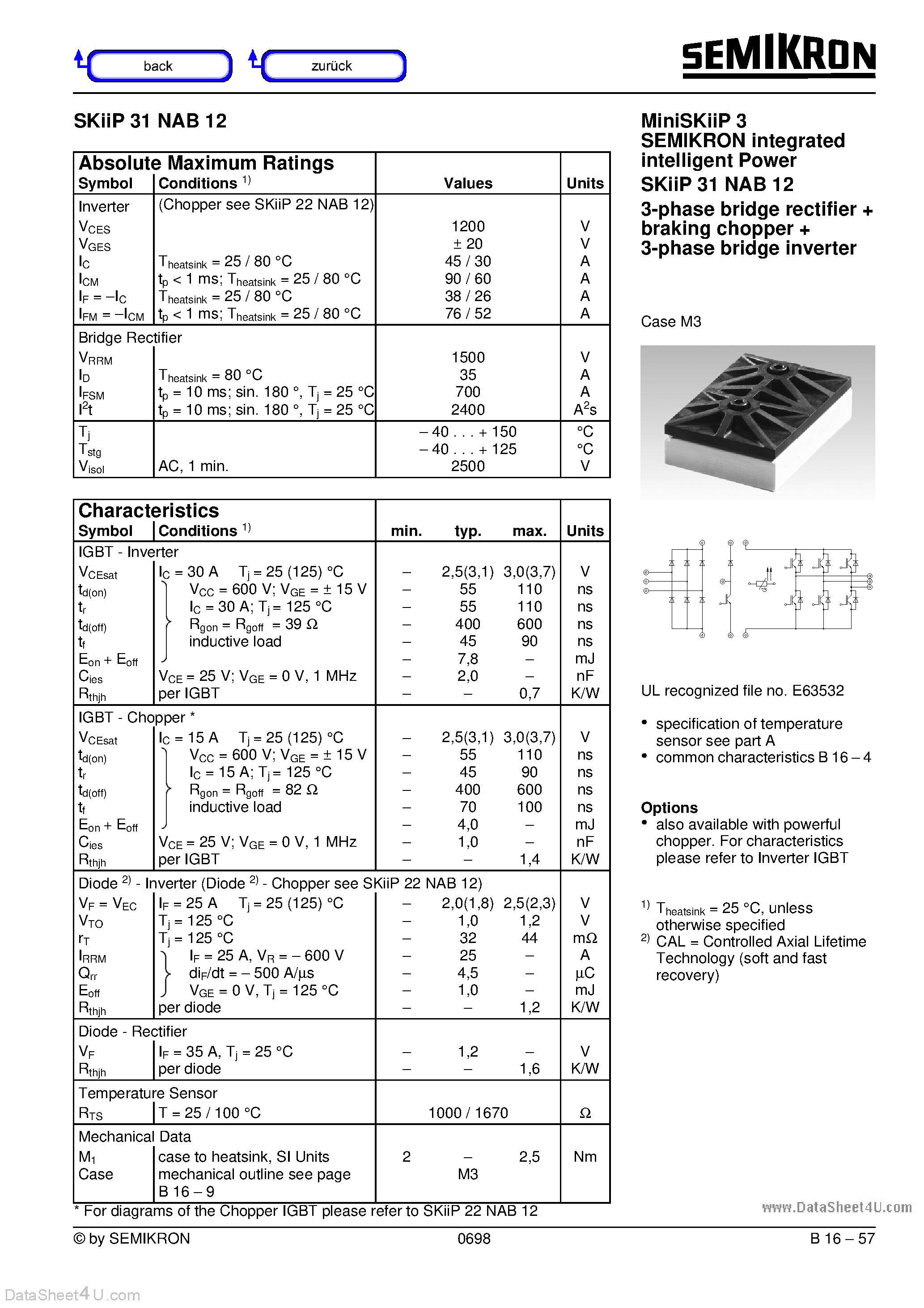 Datasheet SKIIP31NAB12 page 1 Datasheet SKIIP31NAB12 - Miniskiip 3 Semikron Integrated Intelligent Power page 1