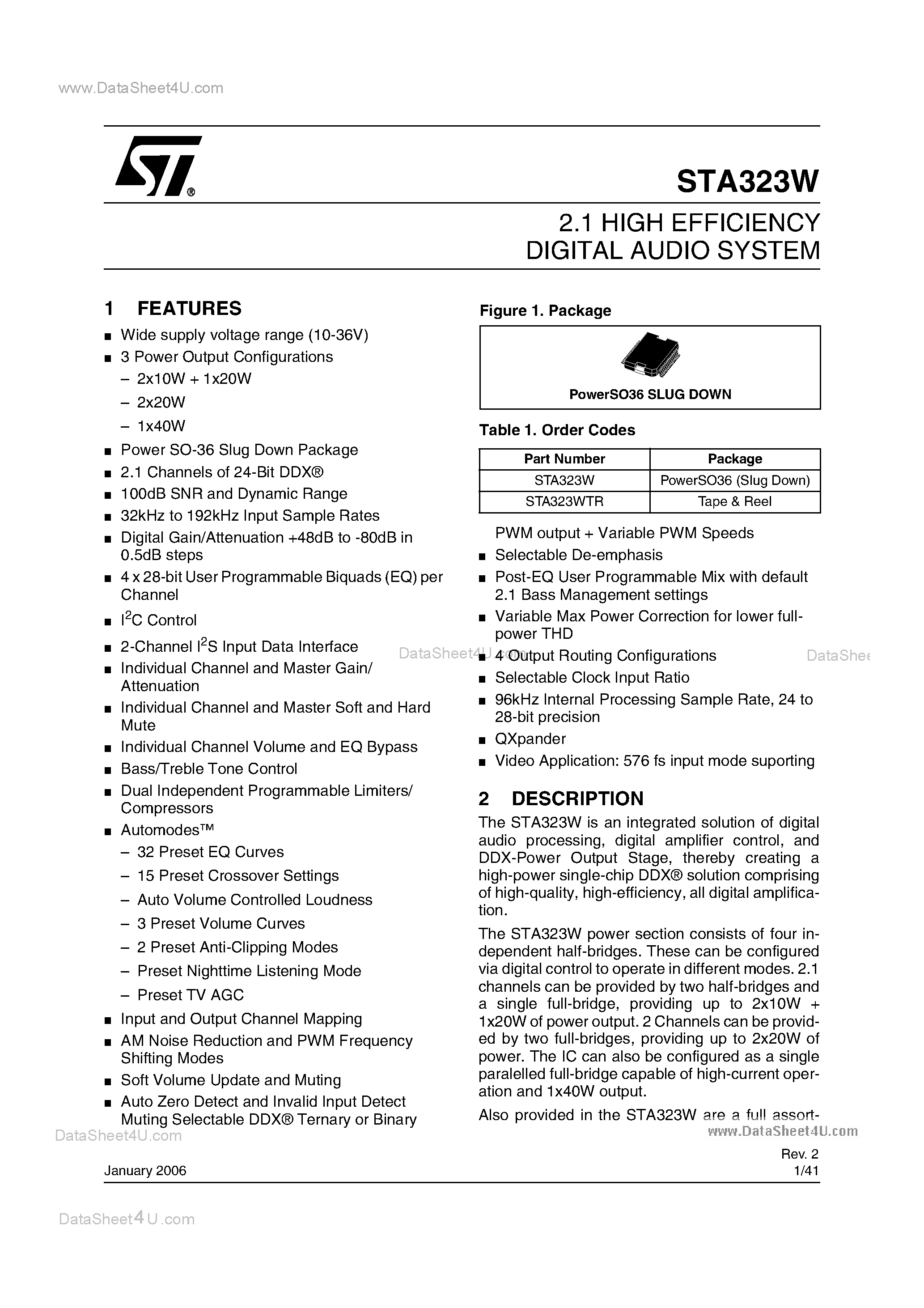 Datasheet STA323W page 1 Datasheet STA323W - 2.1 High Efficiency Digital Audio System page 1