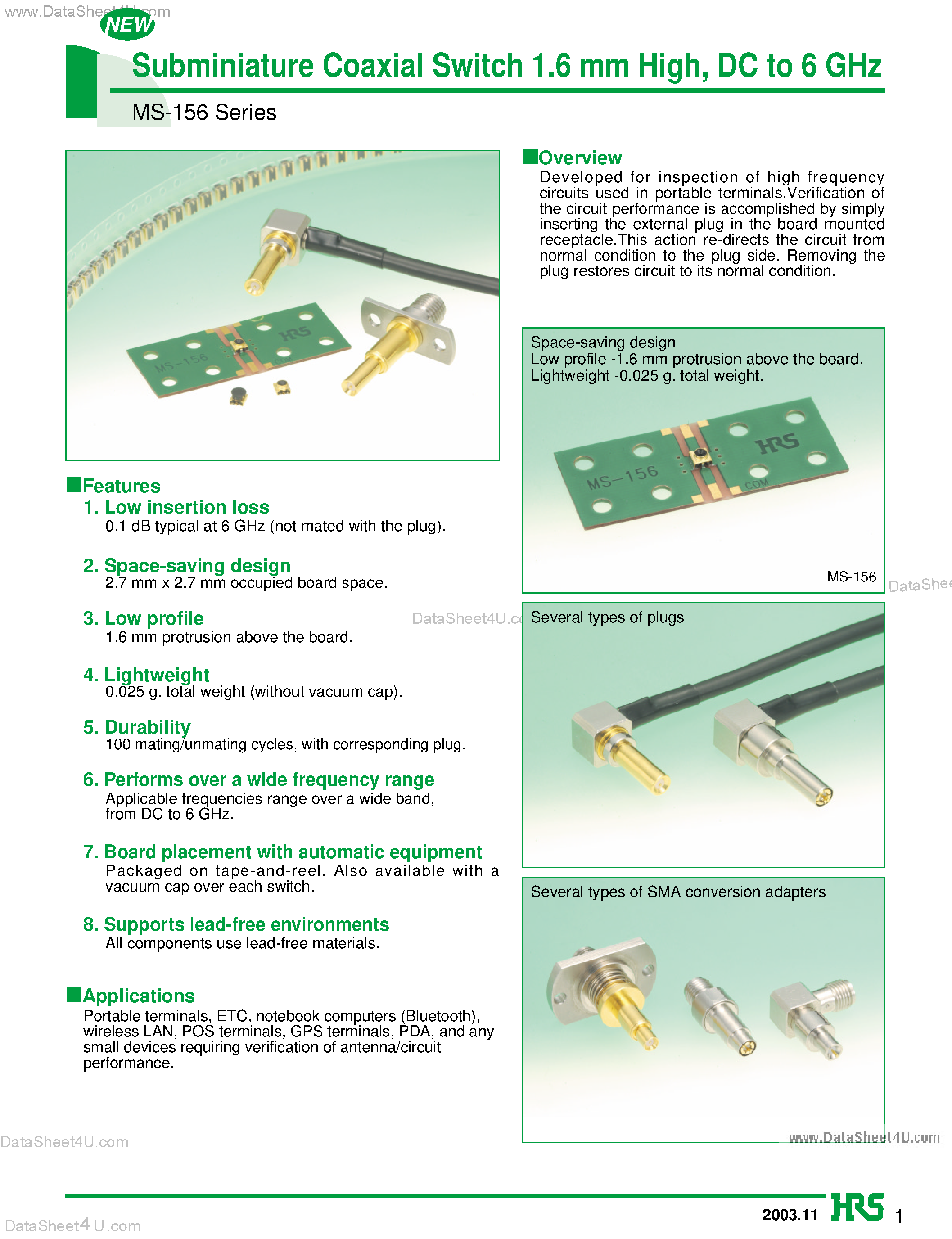 Datasheet MS-156 - Subminiature Coaxial Switch 1.6 mm High DC to 6 GHz page 1