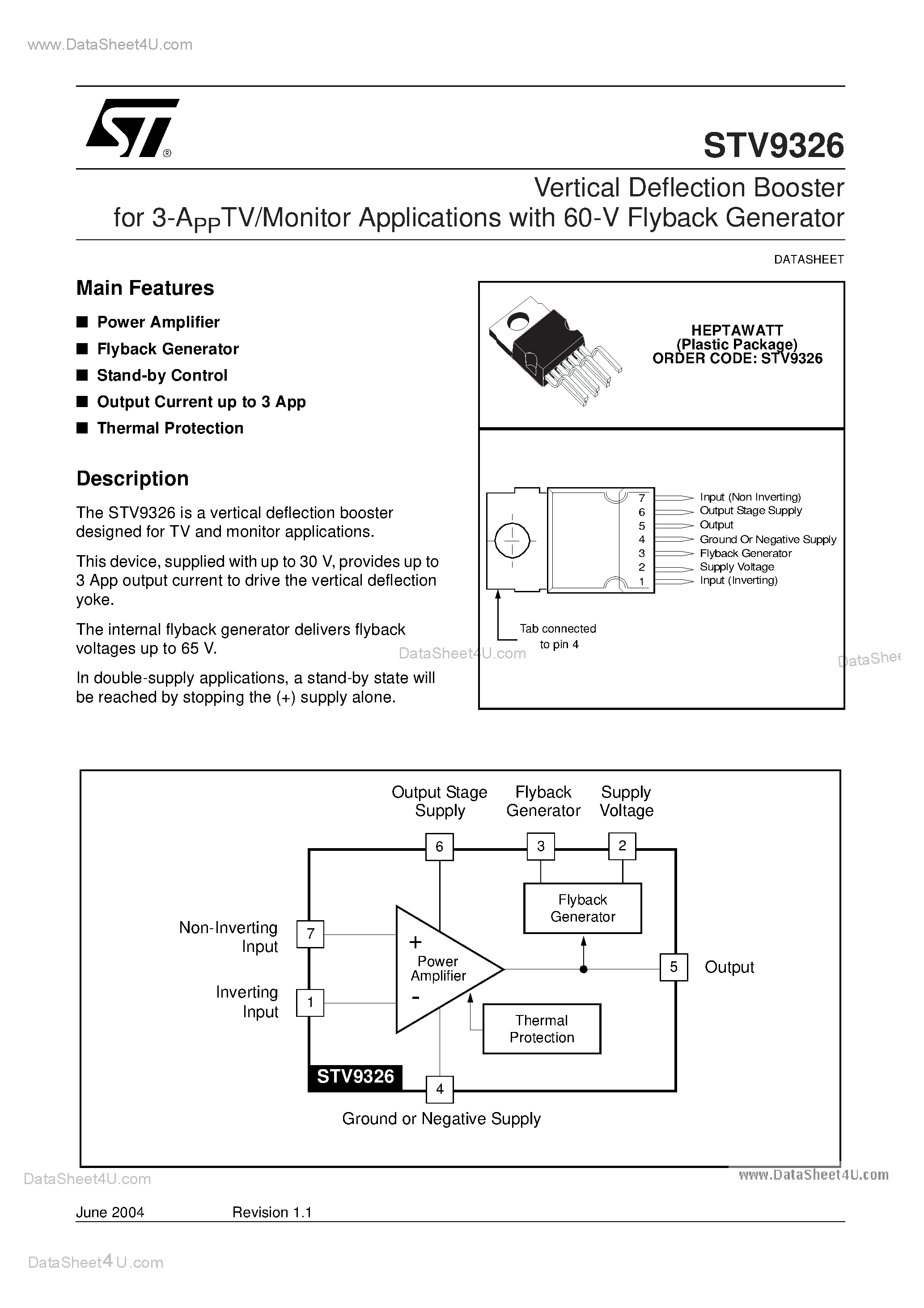 Datasheet STV9326 - Vertical Deflection Booster for 3-APPTV/Monitor Applications with 60-V Flyback Generator page 1