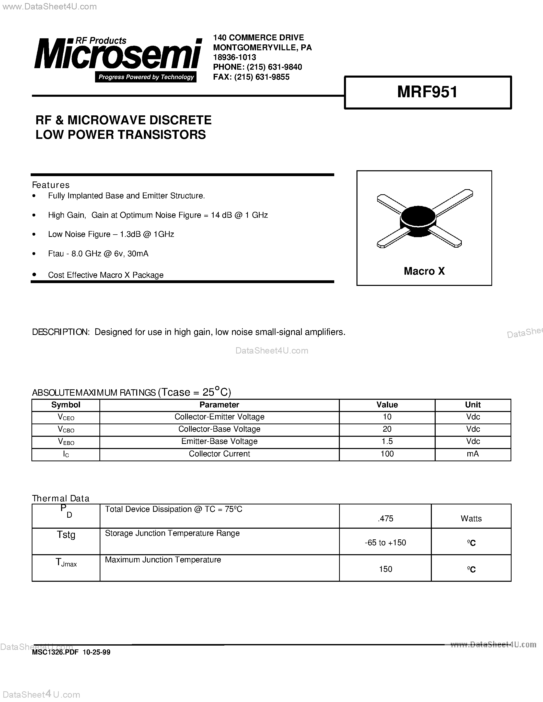 Datasheet MRF951 - RF & MICROWAVE DISCRETE LOW POWER TRANSISTORS page 1