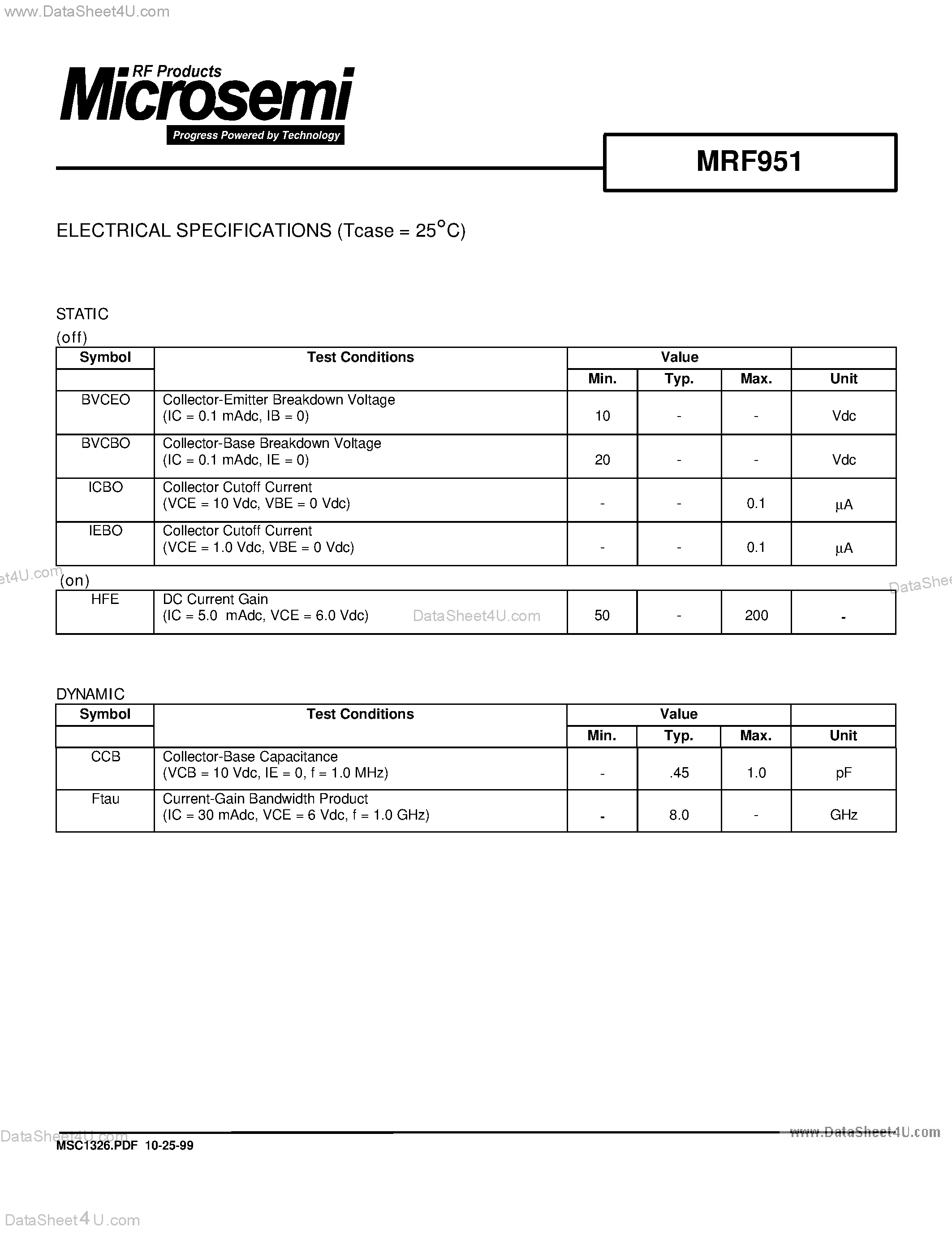 Datasheet MRF951 - RF & MICROWAVE DISCRETE LOW POWER TRANSISTORS page 2