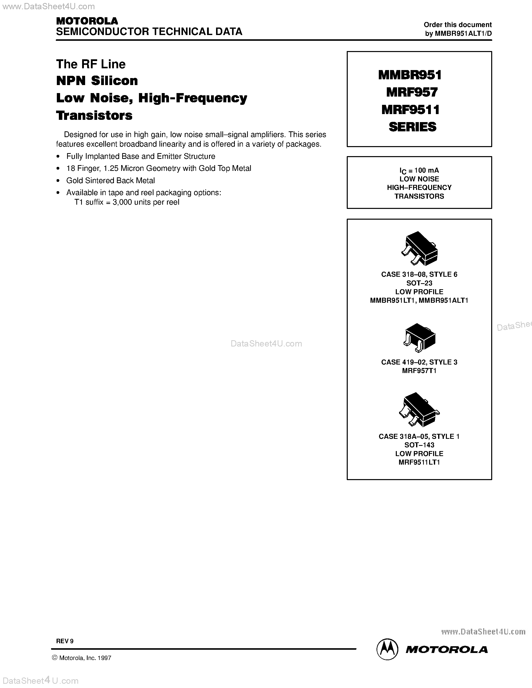 Datasheet MRF9511 - (MRF9511 / MRF957) NPN Silicon Low Noise / High-Frequency Transistors page 1