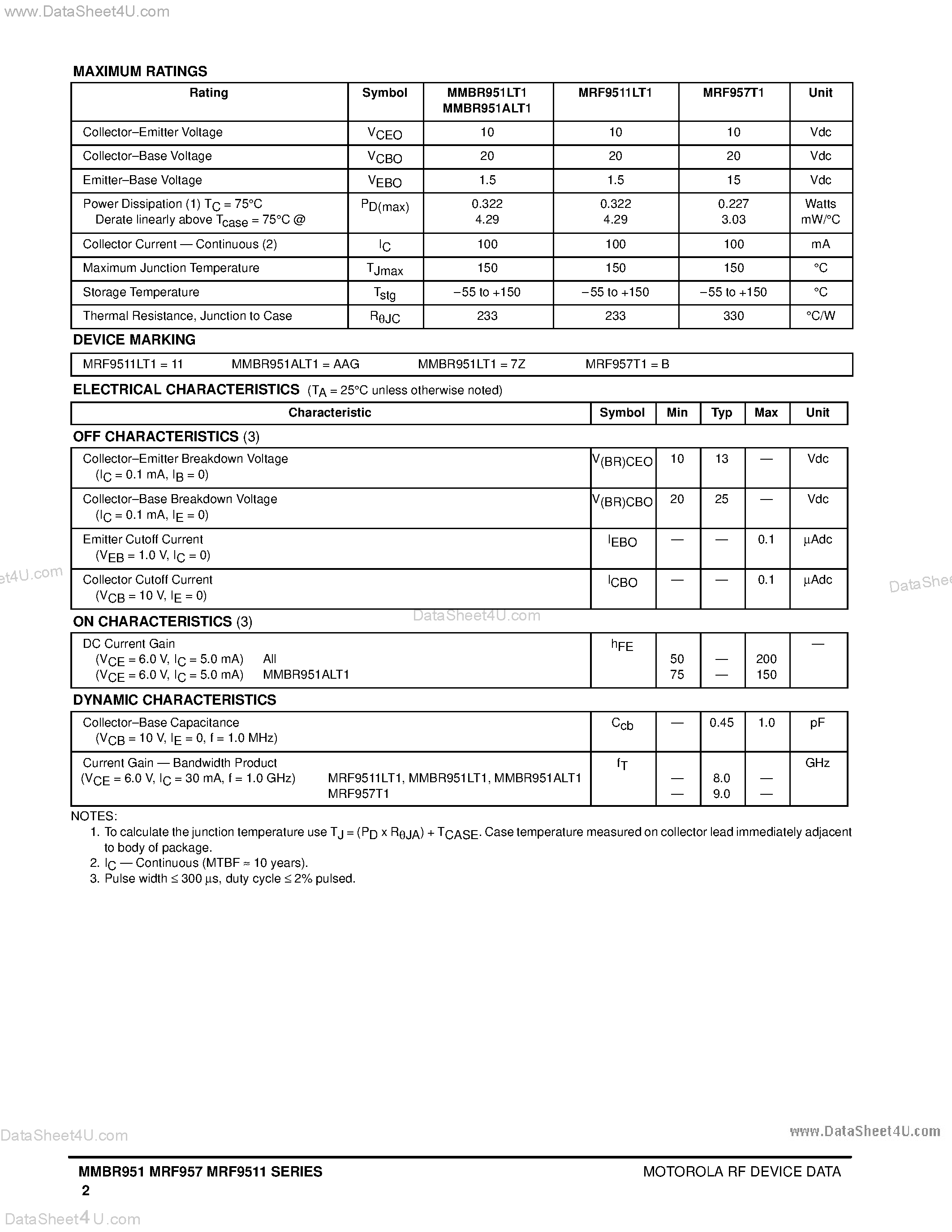 Datasheet MRF9511 - (MRF9511 / MRF957) NPN Silicon Low Noise / High-Frequency Transistors page 2