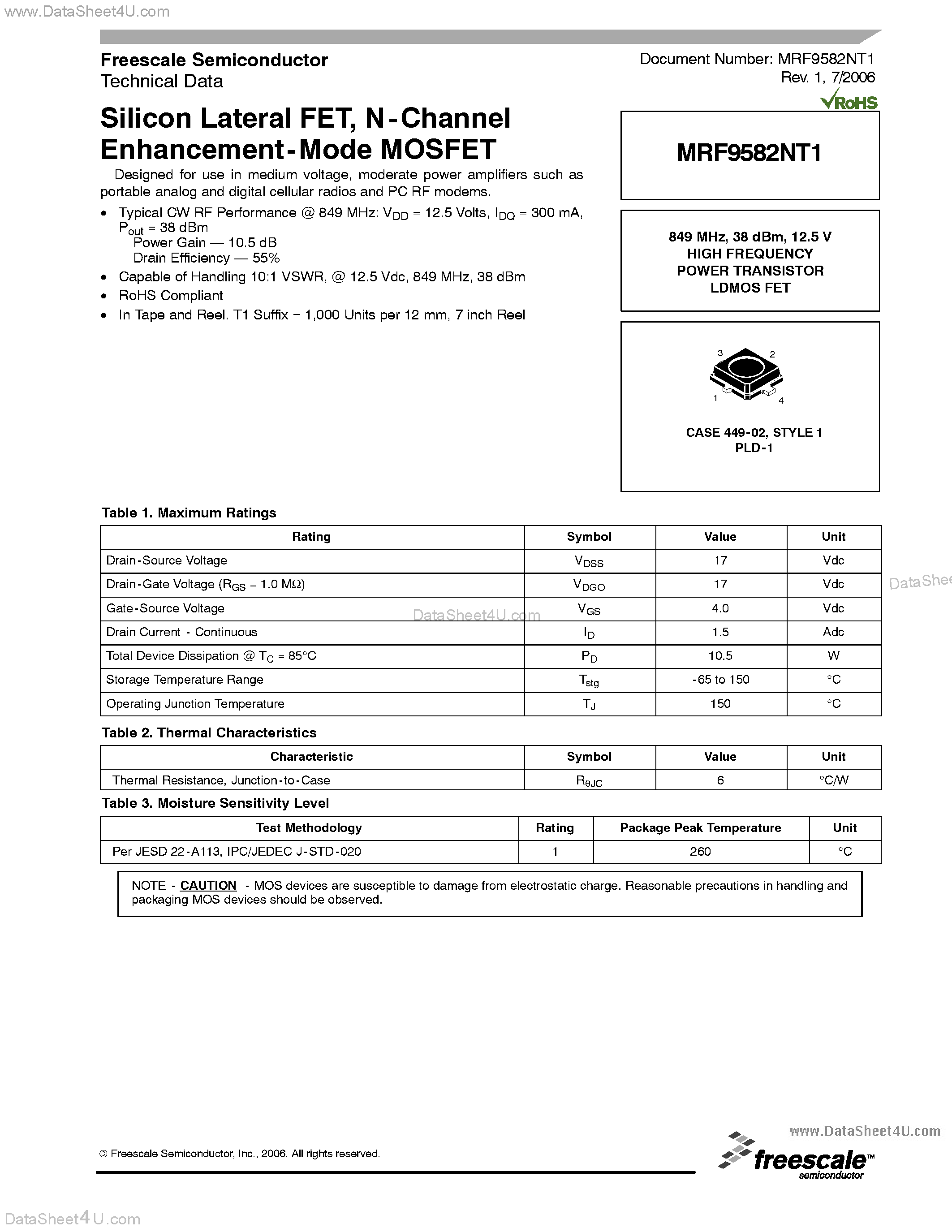 Datasheet MRF9582NT1 - Silicon Lateral FET / N -Channel Enhancement-Mode MOSFET page 1