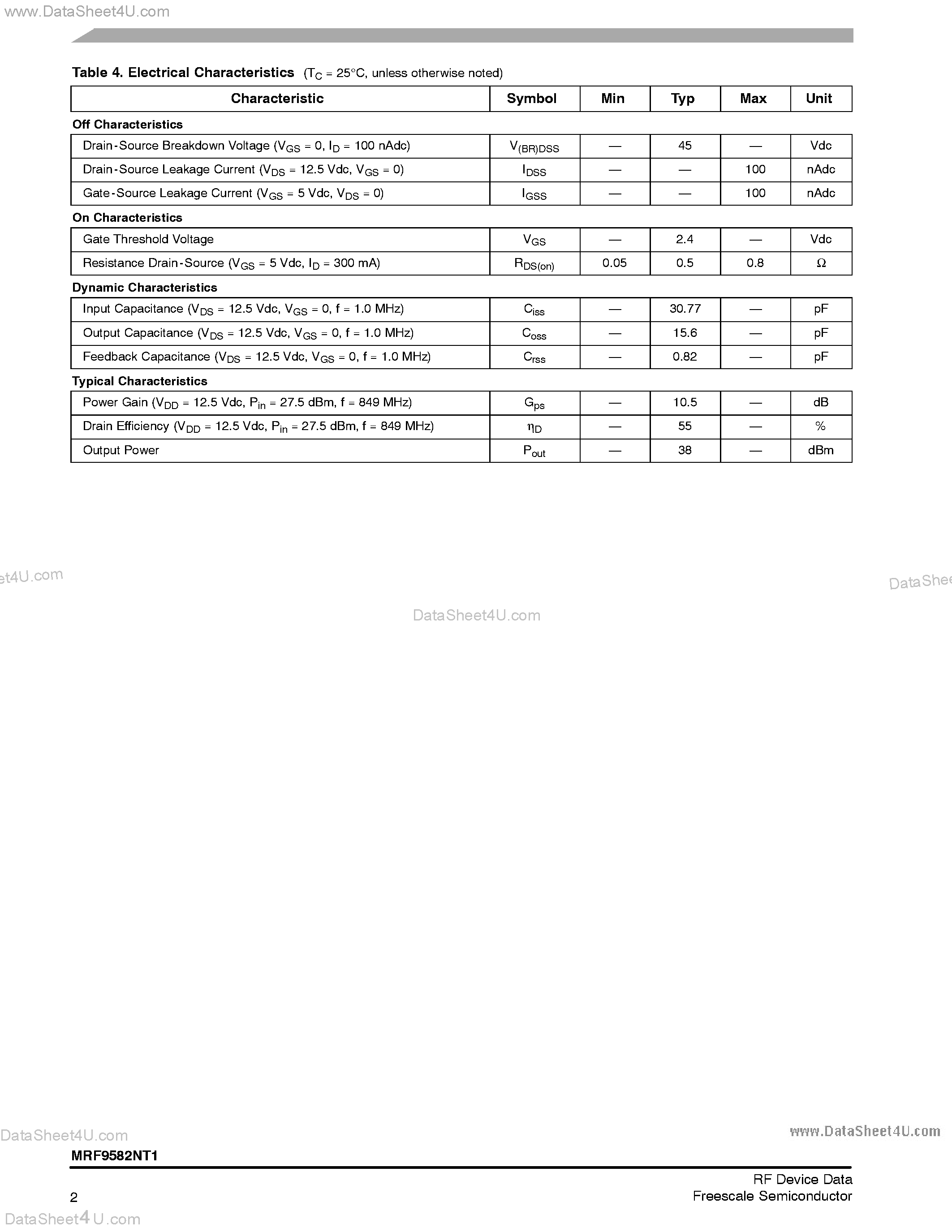 Datasheet MRF9582NT1 - Silicon Lateral FET / N -Channel Enhancement-Mode MOSFET page 2