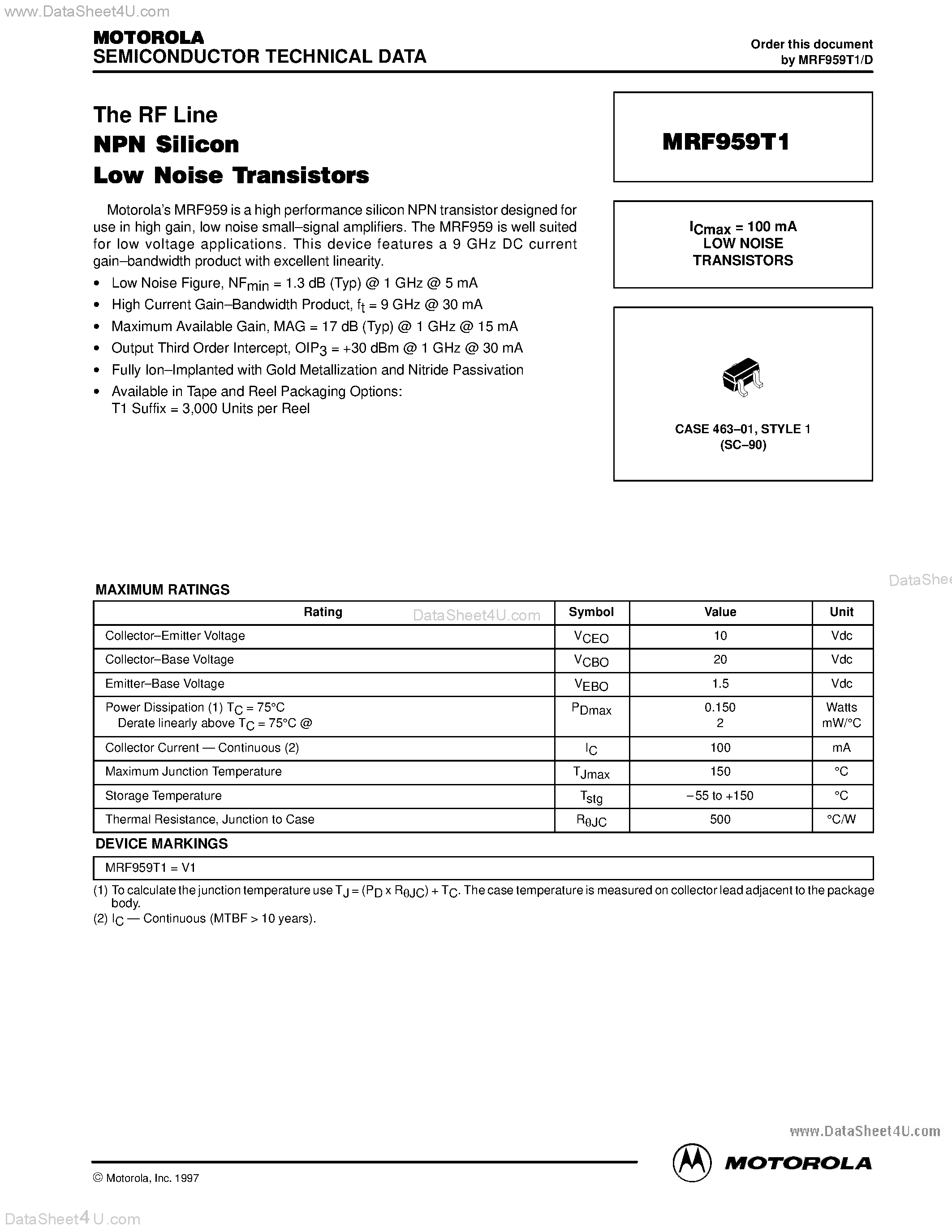 Datasheet MRF959T1 - LOW NOISE TRANSISTORS page 1