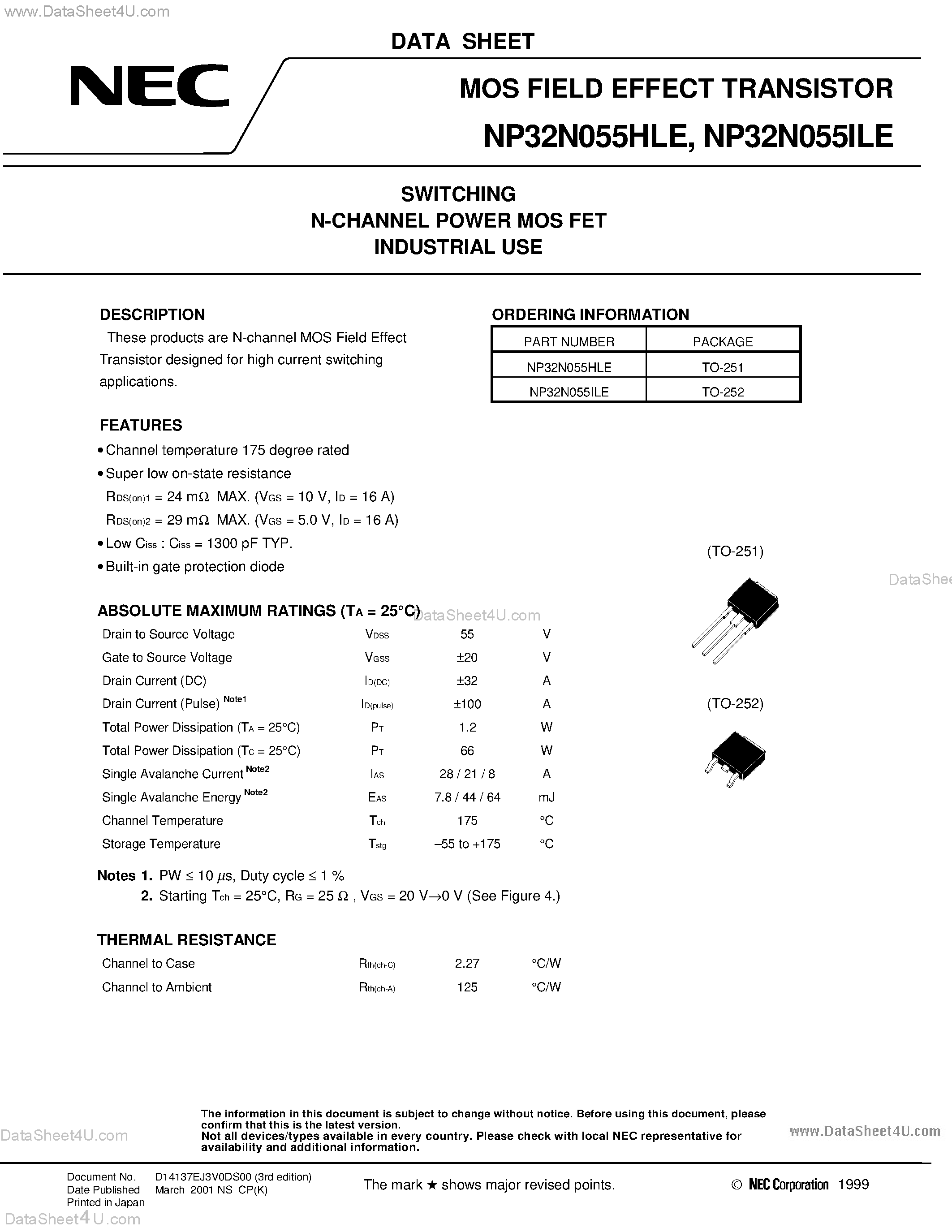 Datasheet NP32N055HLE - SWITCHING N-CHANNEL POWER MOS FET INDUSTRIAL USE page 1
