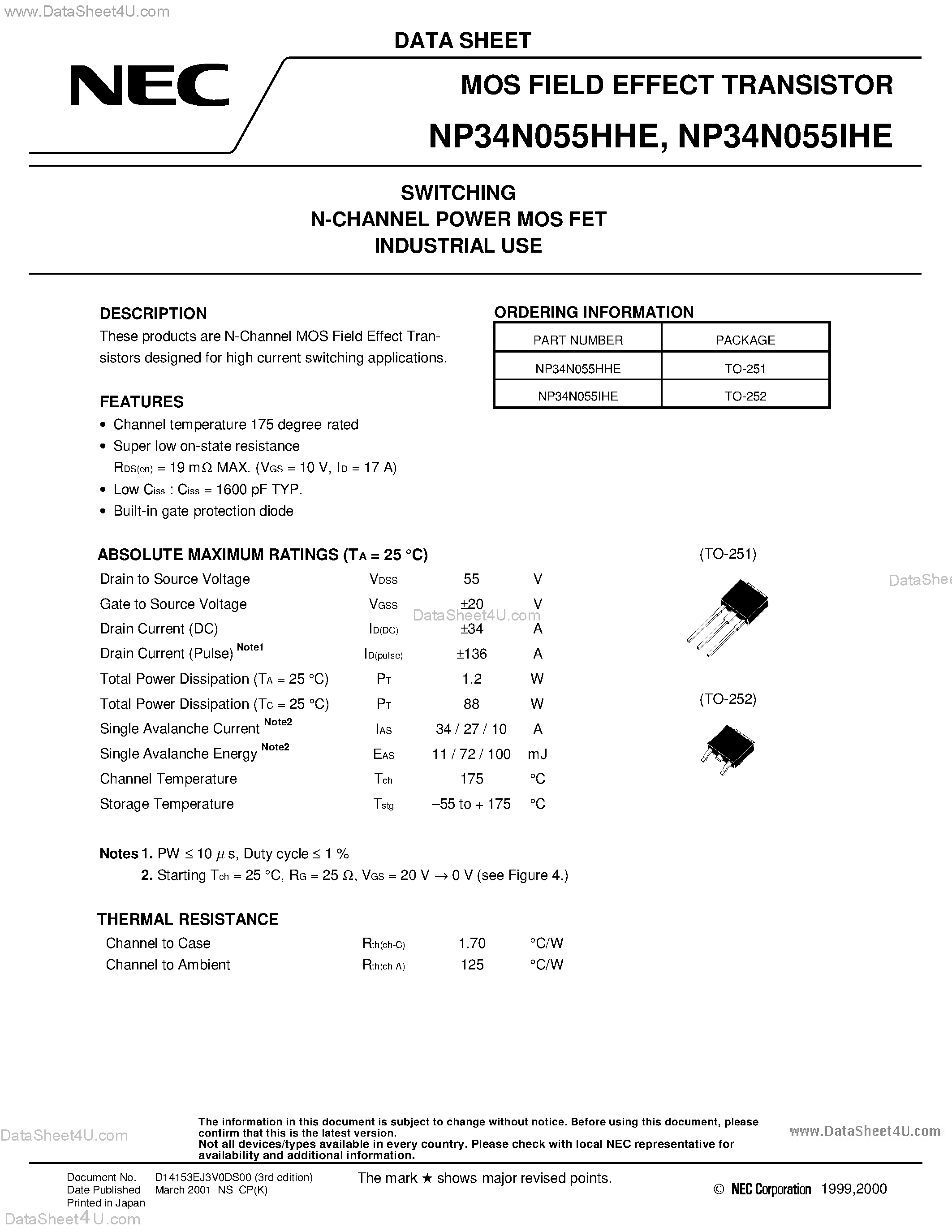 Datasheet NP34N055HHE - SWITCHING N-CHANNEL POWER MOS FET INDUSTRIAL USE page 1