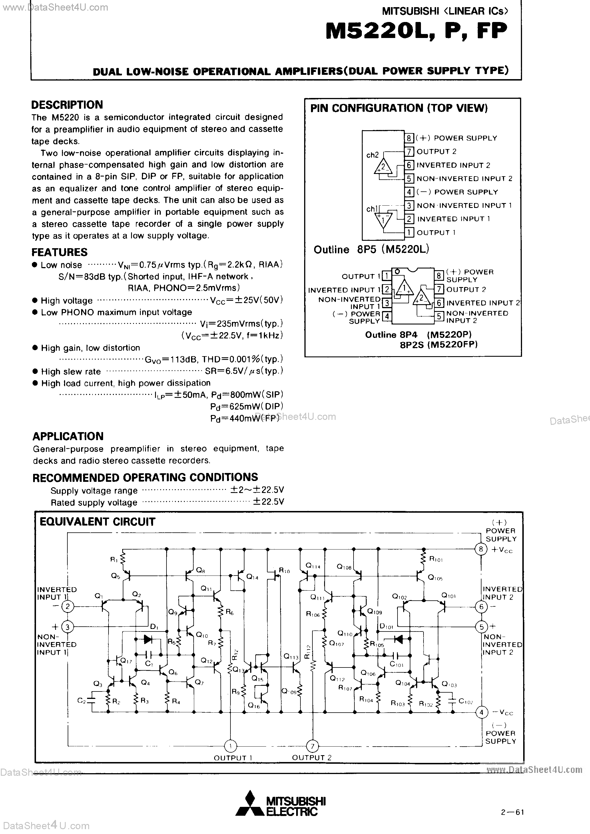 Datasheet M5220FP - (M5220L/P/FP) Dual Low Noise Operational Amplifiers page 1