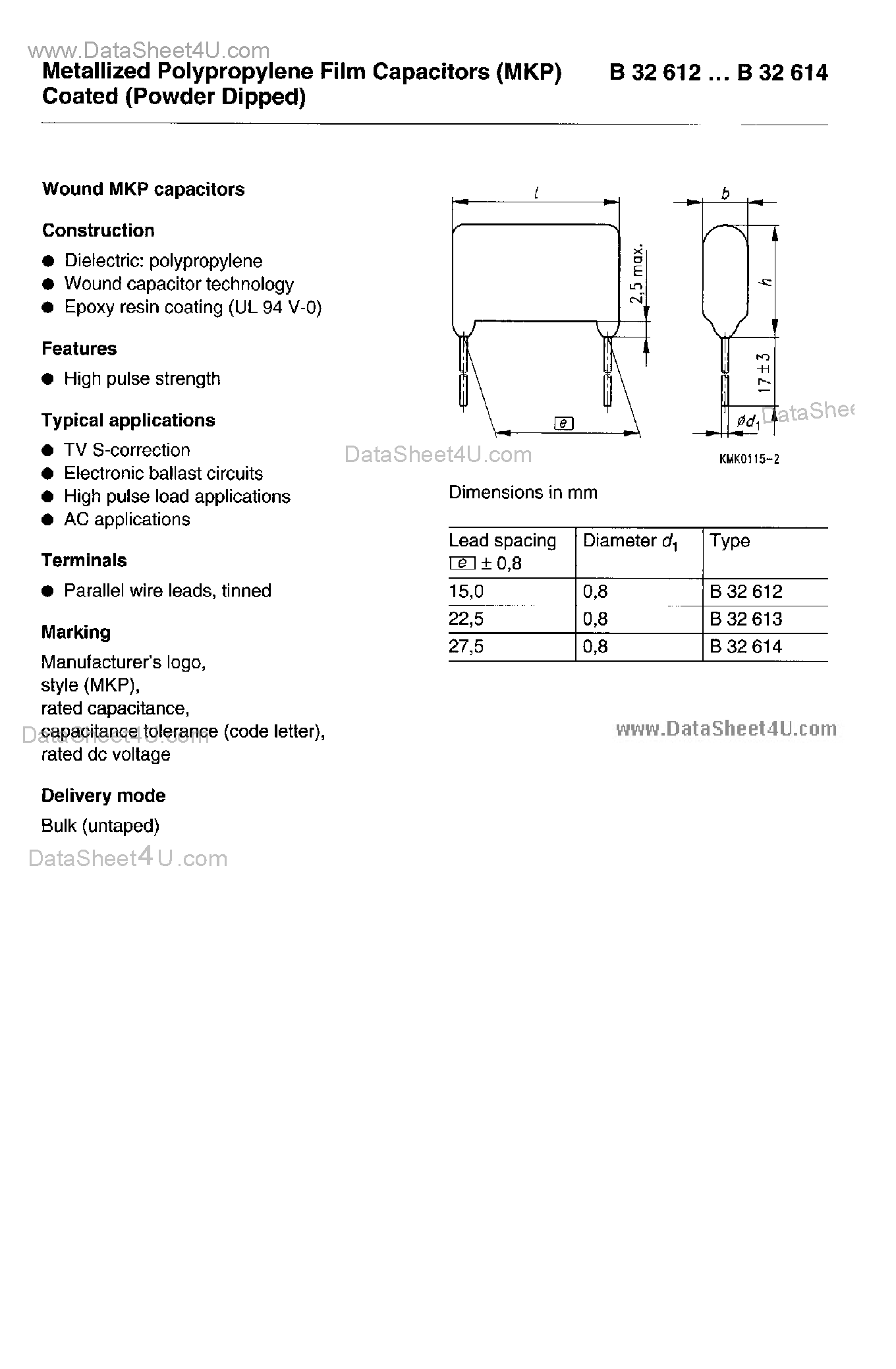 Datasheet B32612-Axxxx - (B32612 - B32614) Metallized Polypropylene Film Capacitors page 1