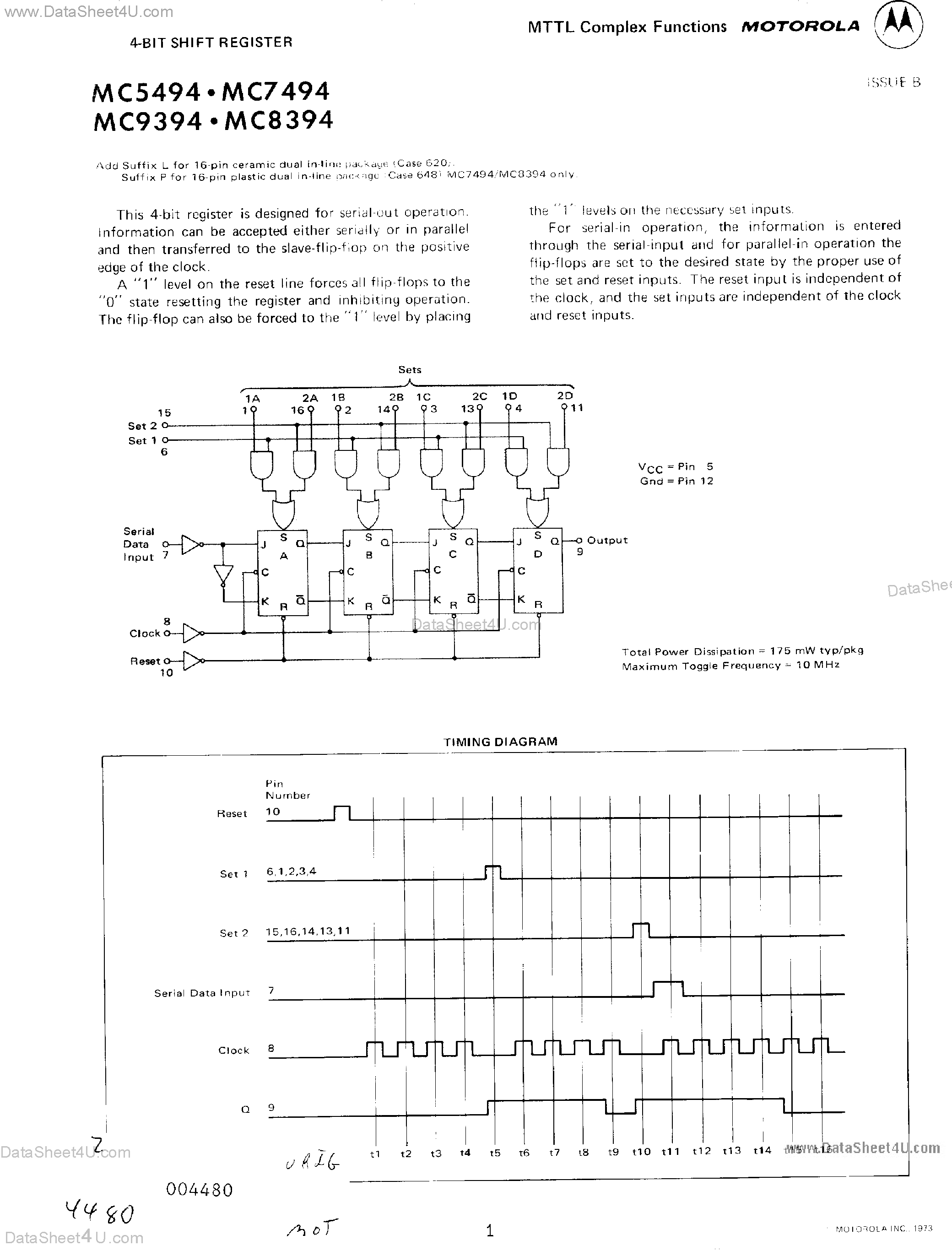 Datasheet MC7494 - 4-Bit Shift Register page 1