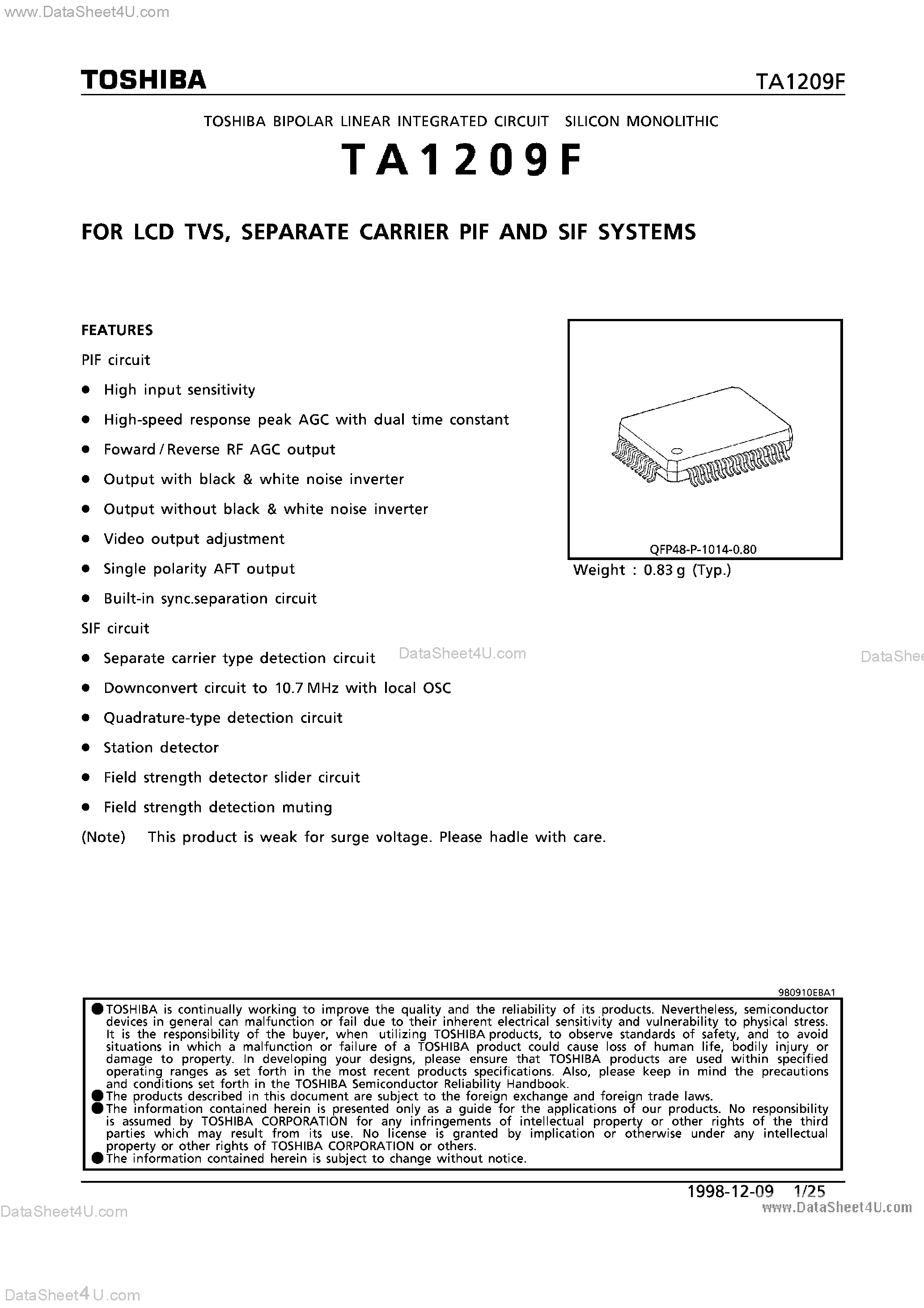 Даташит на микросхему TA1209F страница 1 Даташит TA1209F - FOR LCD TVS / SEPARATE CARRIER PIF AND SIF SYSTEMS страница 1