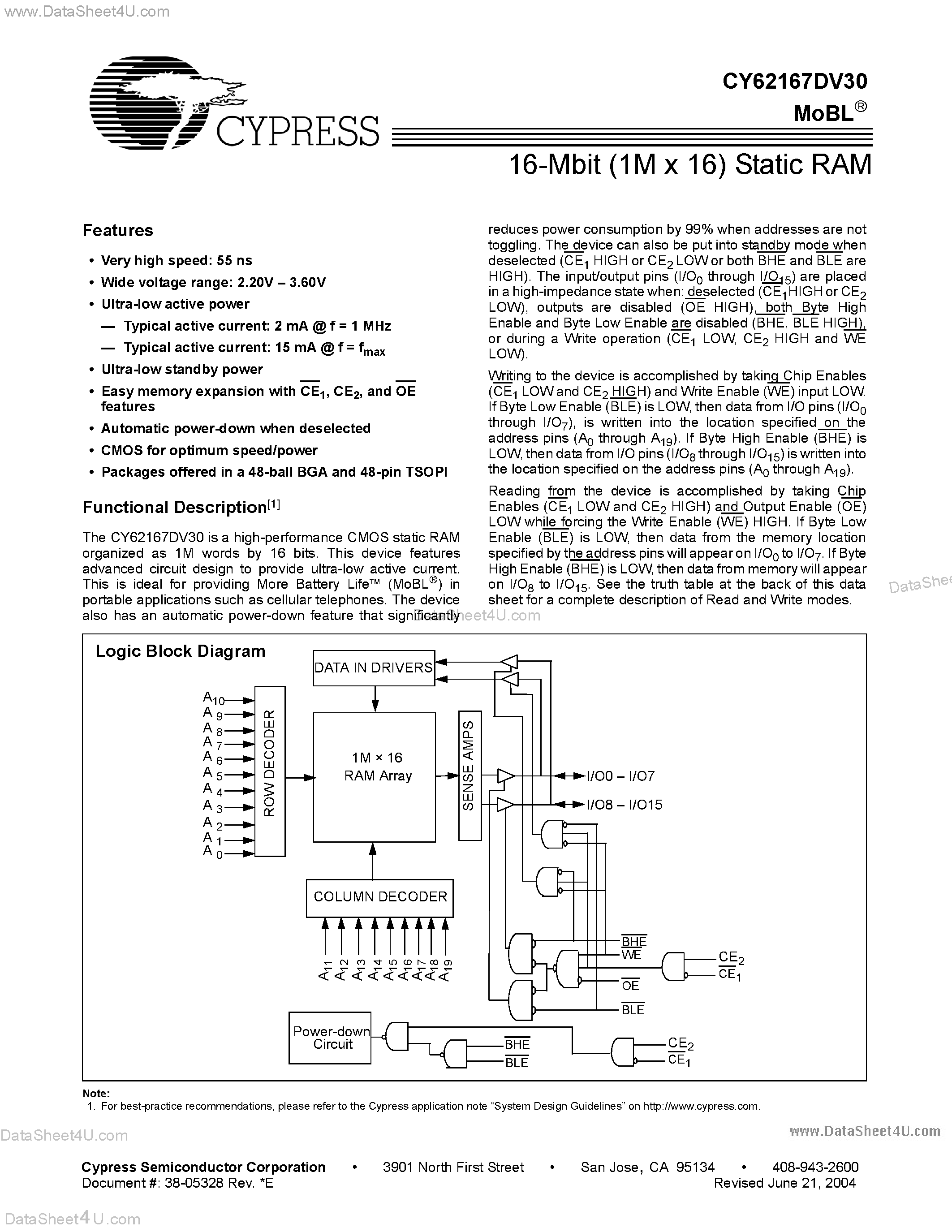Даташит на микросхему CY62167DV30 страница 1 Даташит CY62167DV30 - 16-Mbit (1M x 16) Static RAM страница 1