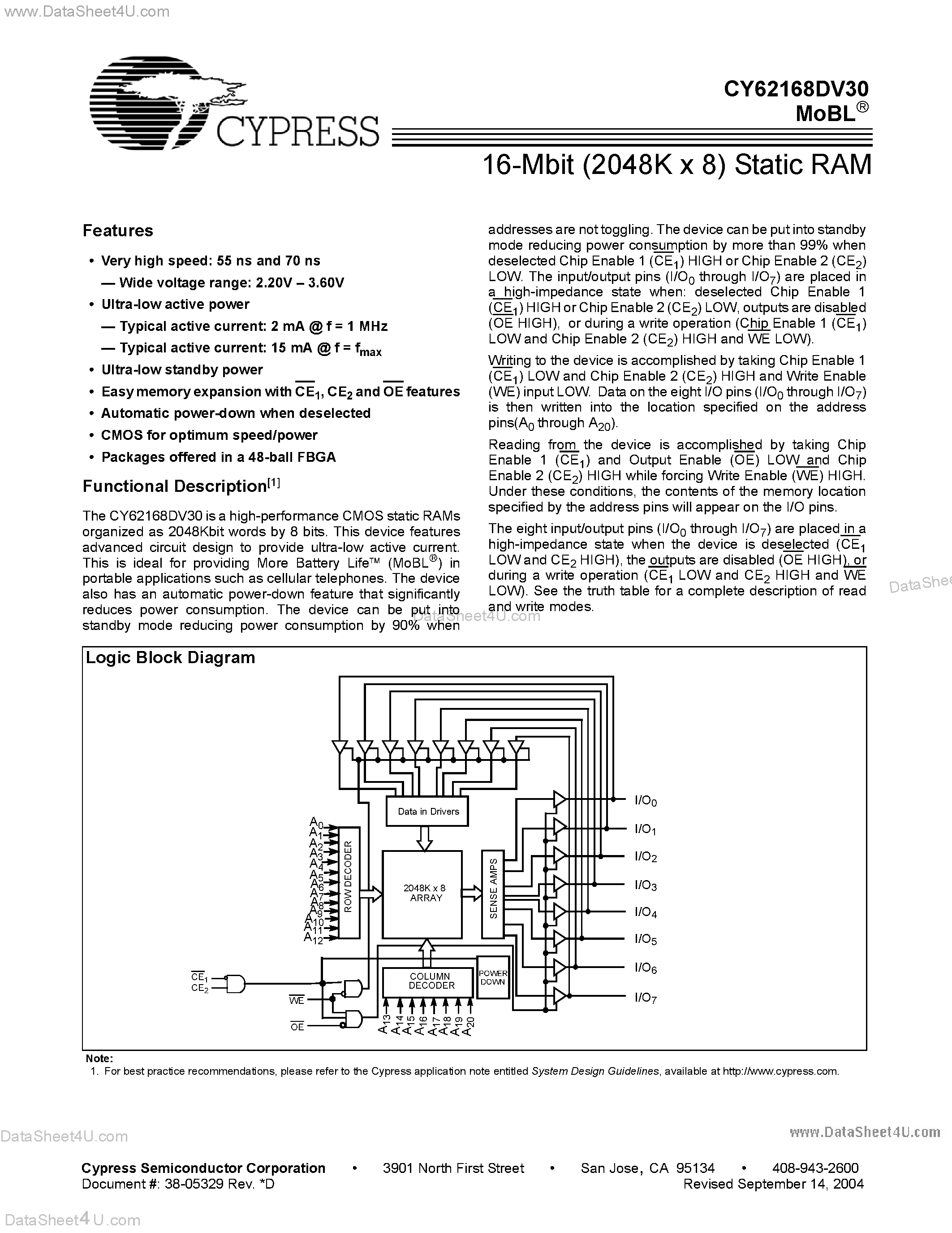Даташит CY62168DV30 - 16-Mbit (2048K x 8) Static RAM страница 1