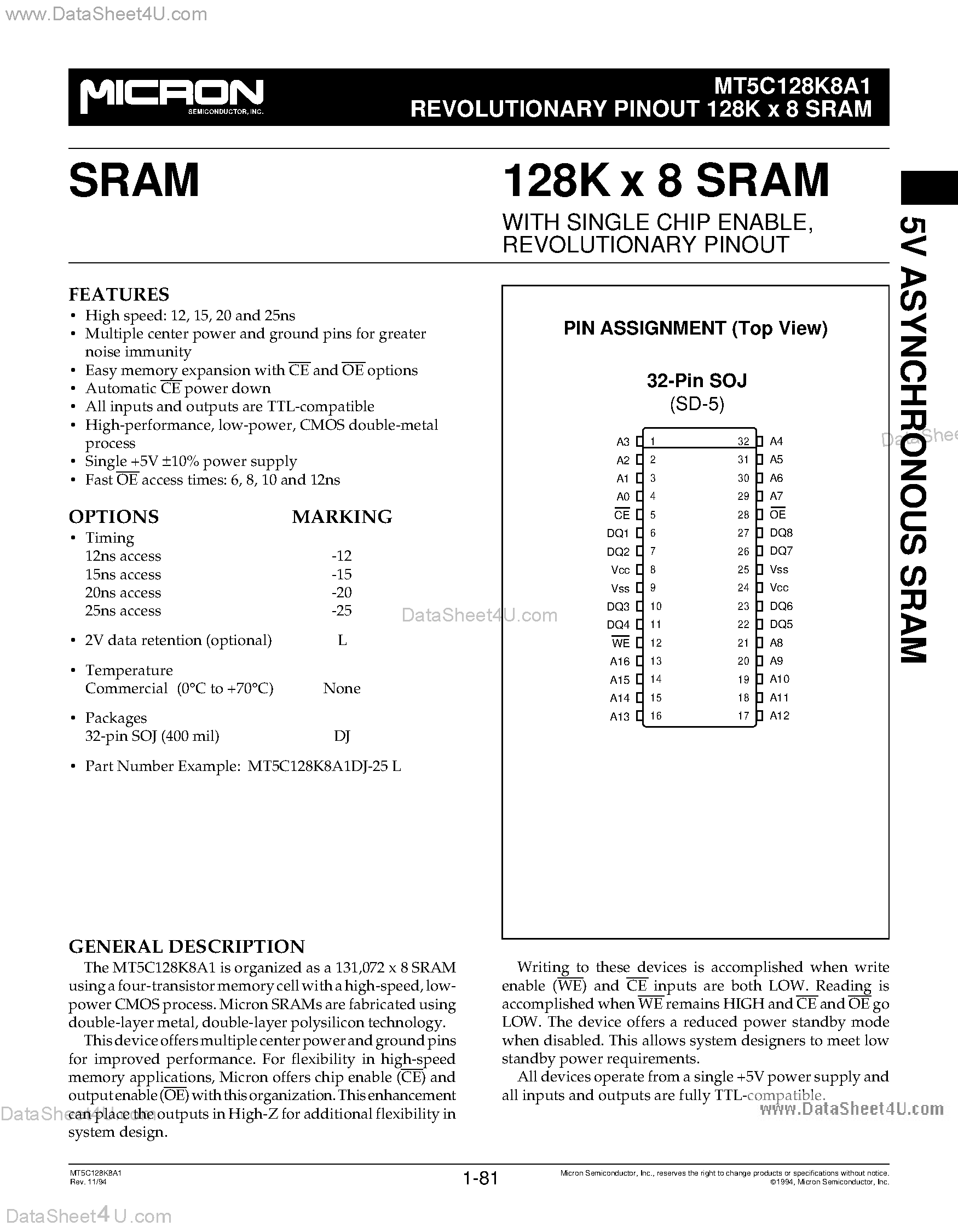 Datasheet MT5C128K8A1 - 128K x 8 SRAM page 1