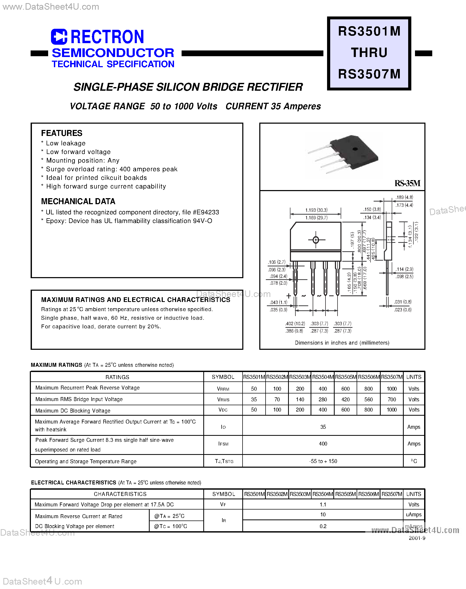 Даташит на микросхему RS3501M страница 1 Даташит RS3501M - (RS3501M - RS3507M) SINGLE-PHASE SILICON BRIDGE RECTIFIER страница 1