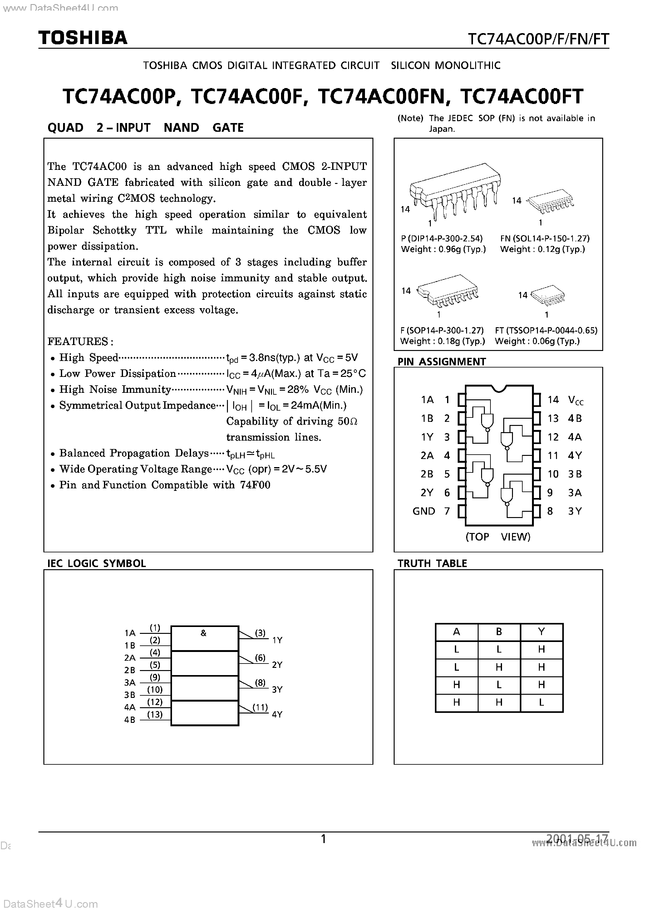 Datasheet TC74AC00F page 1 Datasheet TC74AC00F - QUAD 2 - INPUT NAND GATE page 1
