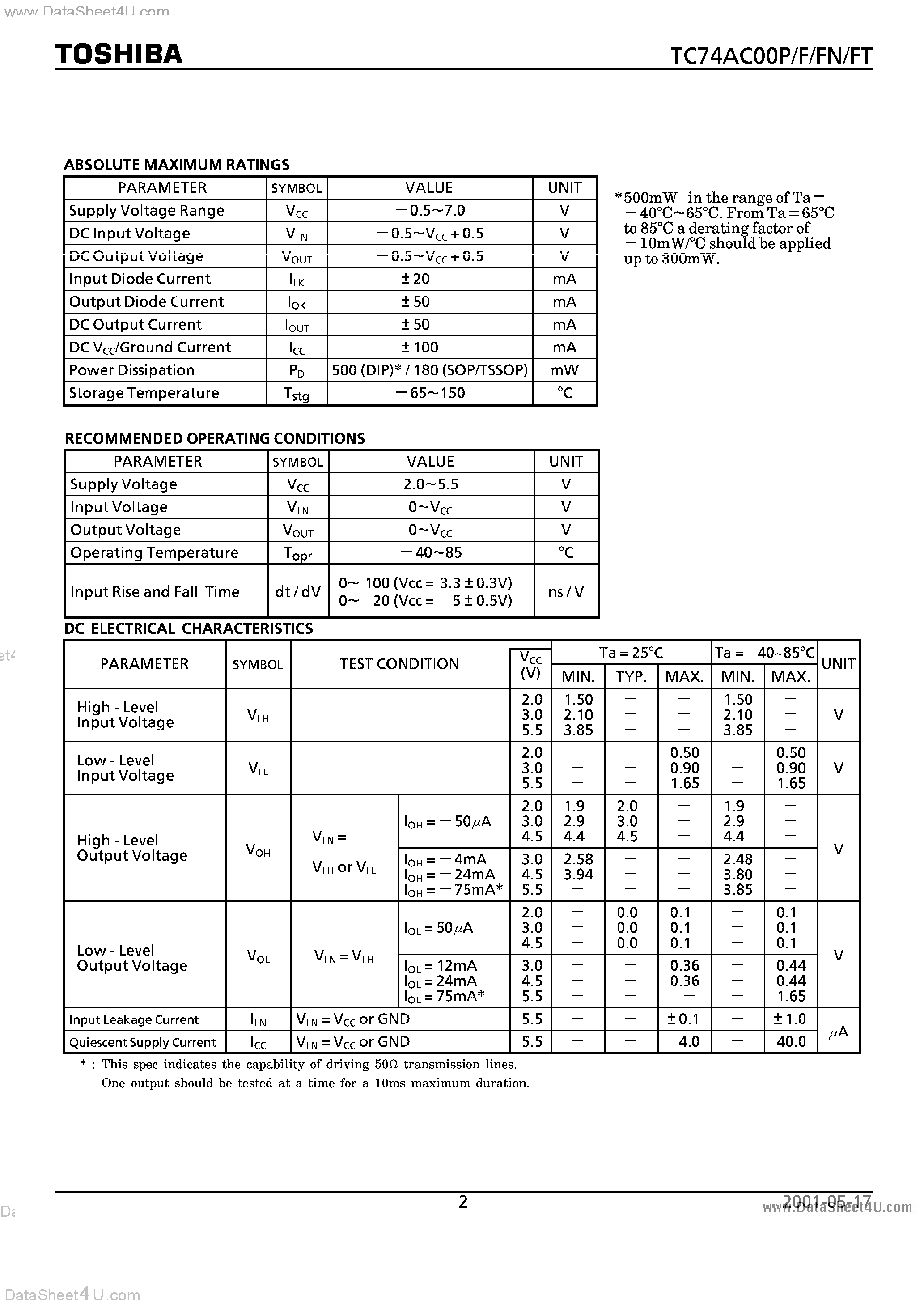 Datasheet TC74AC00F page 2 Datasheet TC74AC00F - QUAD 2 - INPUT NAND GATE page 2