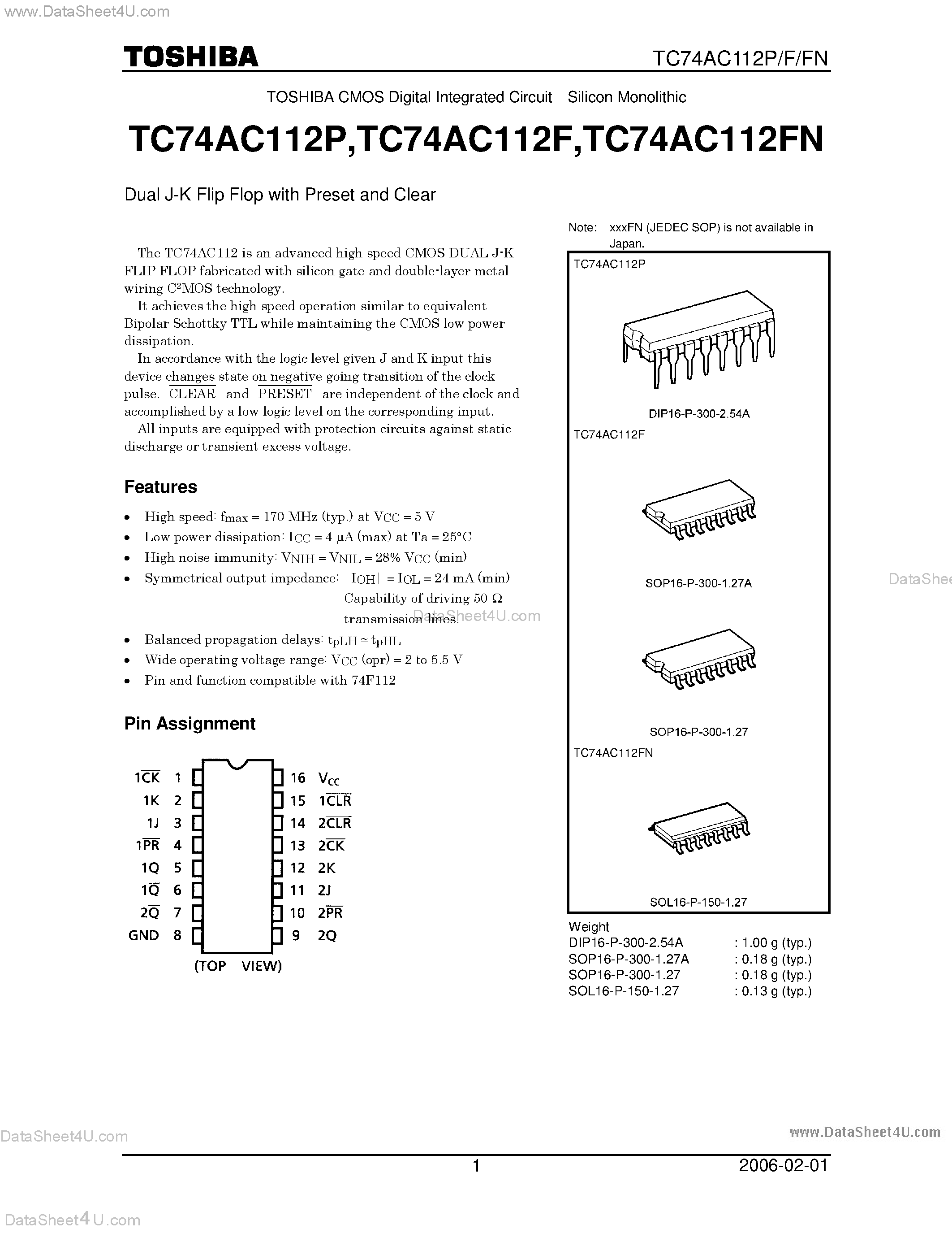 Datasheet TC74AC112F - DUAL J-K FLIP FLOP WITH PRESET AND CLEAR page 1