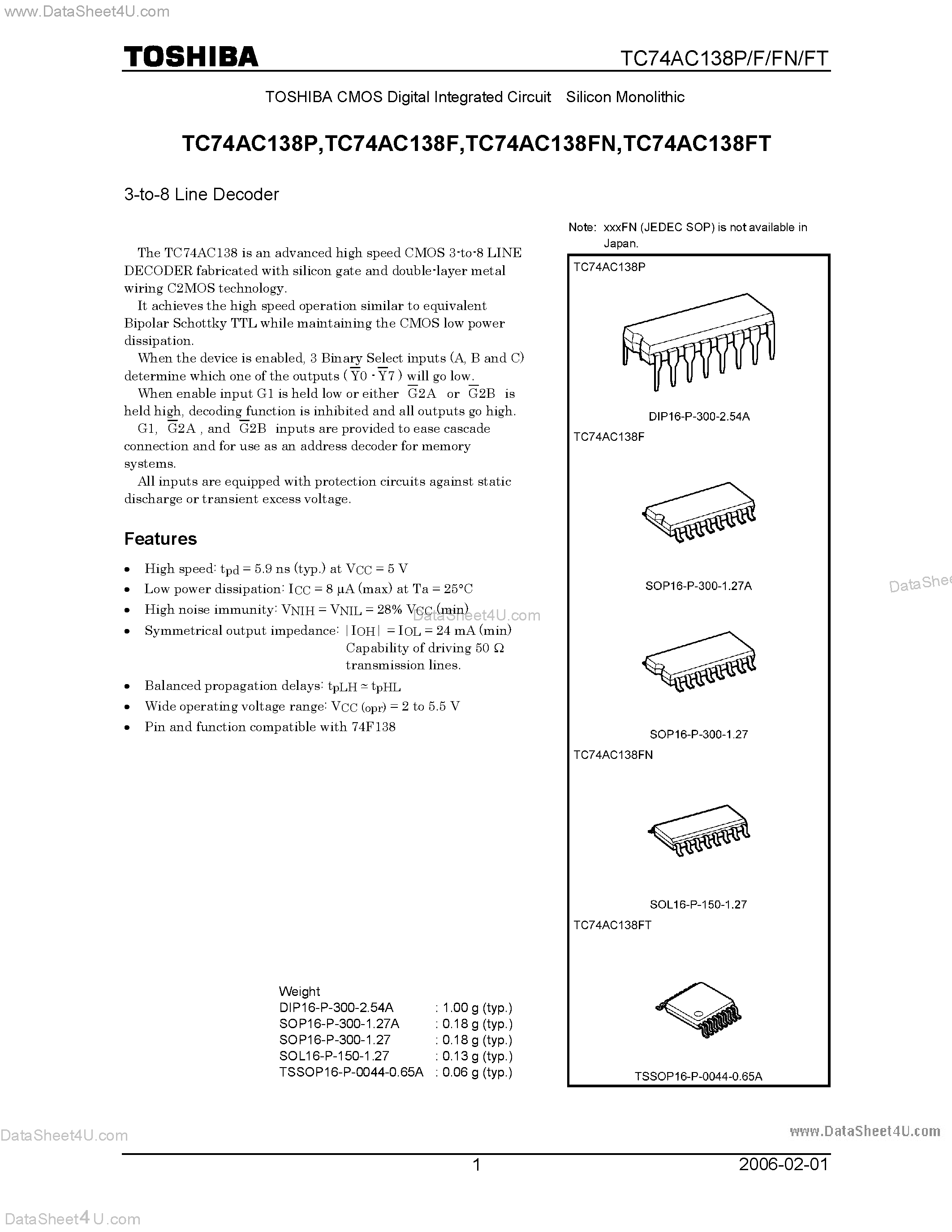 Даташит TC74AC138F - 3-TO-8 LINE DECODER страница 1