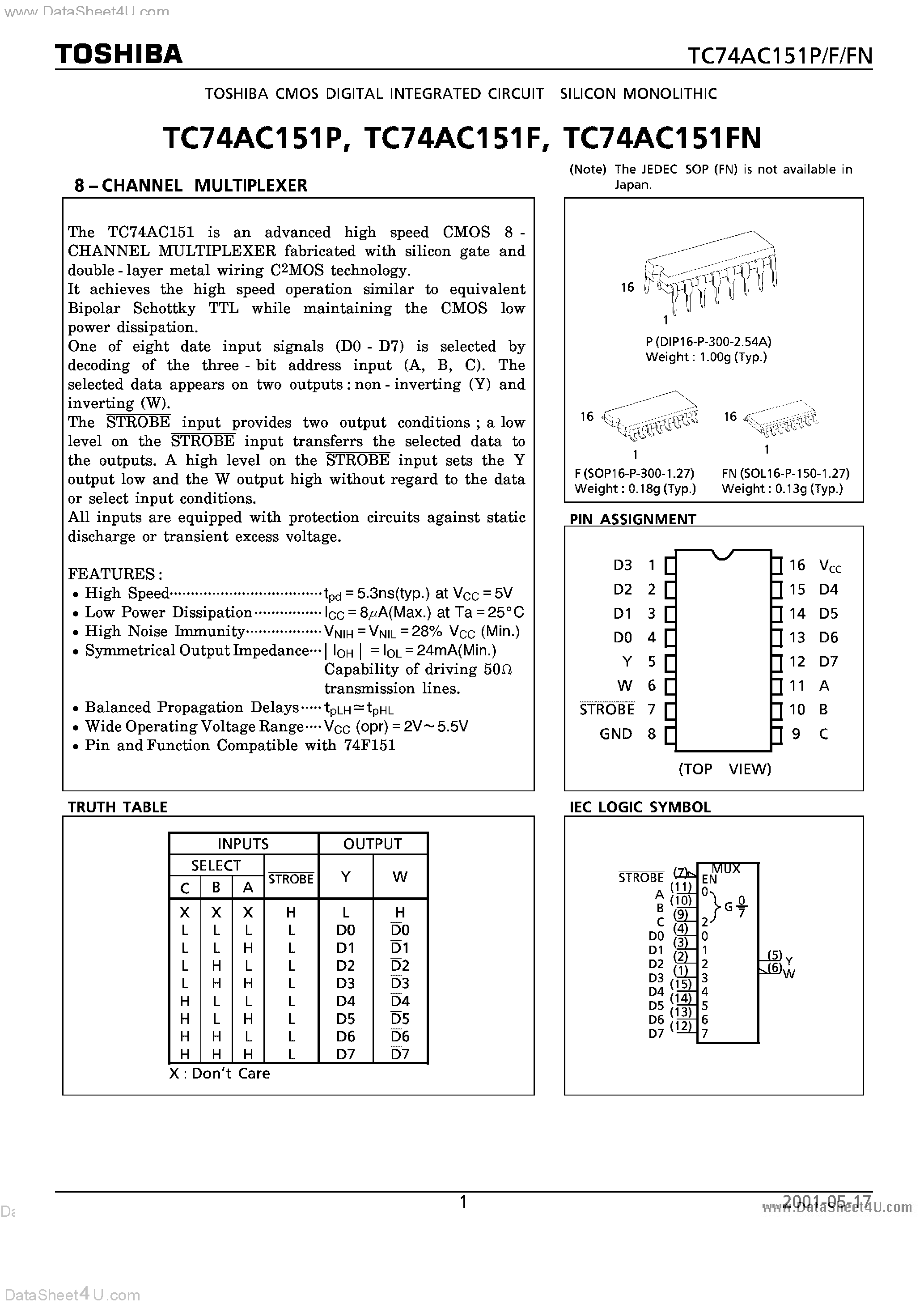 Даташит TC74AC151F - 8 CHANNEL MULTIPLEXER страница 1