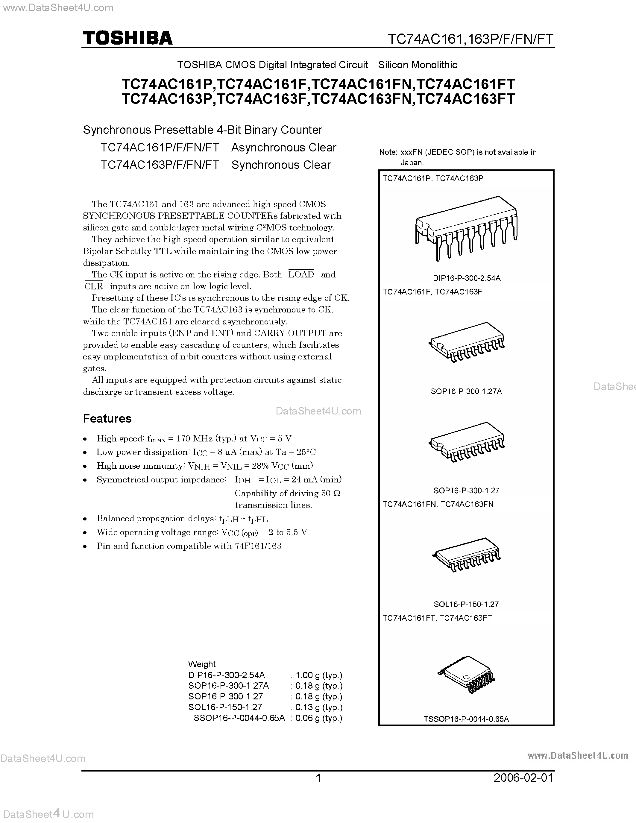 Datasheet TC74AC161F - (TC74AC161 / TC74AC163) SYNCHRONOUS PRESETTABLE 4 BIT BINARY COUNTER page 1