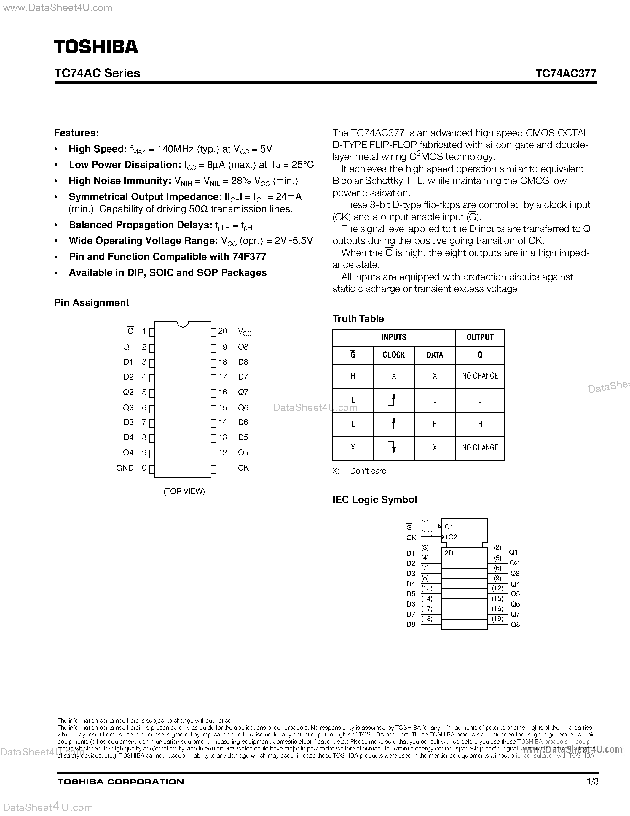 Даташит TC74AC377 - dvanced high speed CMOS OCTAL D-TYPE FLIP-FLOP fabricated страница 1