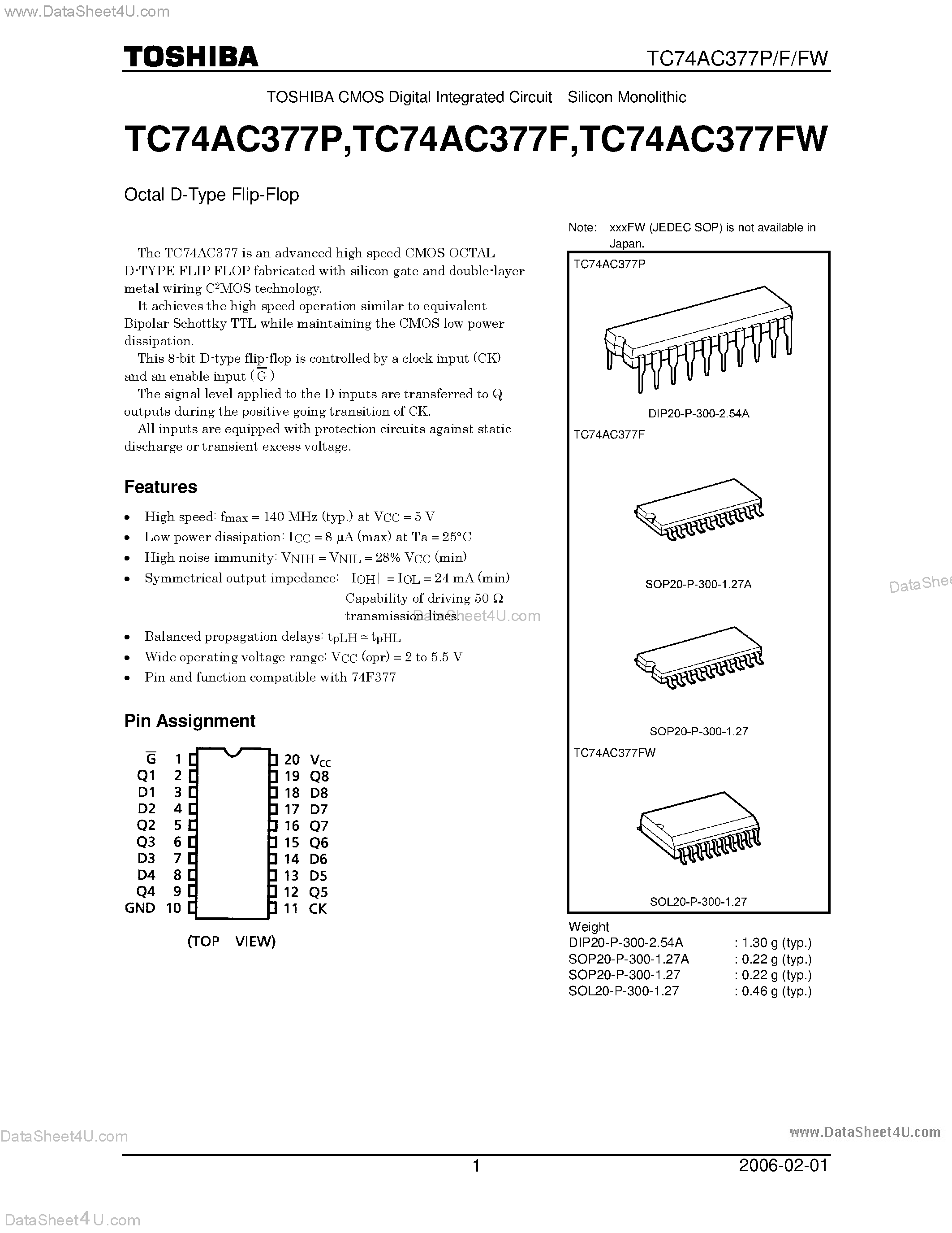 Даташит TC74AC377F - OCTAL D-TYPE FLIP-FLOP страница 1